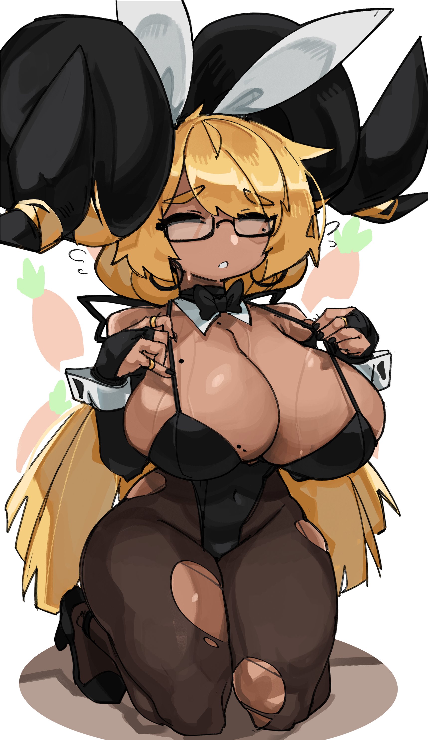 1girls, arm gloves, big breasts, big horns, black nails, blonde eyebrows, blonde hair, breasts, bunny ears, bunny girl, bunnysuit, caoimhe (zanamaoria), carrot, cleavage, closed eyes, curved horn, dark skin, dark-skinned female, demon, demon horns, detached collar, eyebrows visible through hair, female, female only, fingerless gloves, glasses, hair on horn, heels, horns, kneeling, long hair, milf, mole on breast, mole under eye, neck ribbon, original, pantyhose, ring, simple background, solo, solo female, solo focus, succubus, torn pantyhose, very high resolution, white background, wide hips, wrist cuffs, zanamaoria
