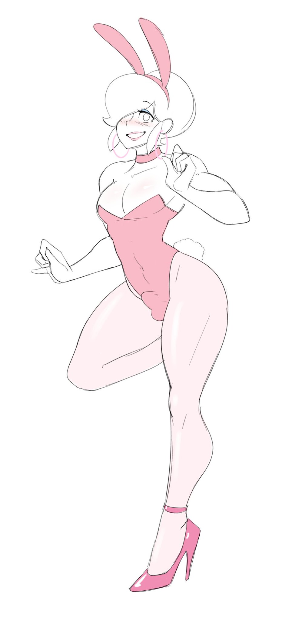 1boy, blush, bulge, bunny tail, bunnysuit, crossdressing, erection, femboy, femboy only, friday (sealguy), girly, high heels, hoop earrings, male, original, pantyhose, pink heels, playboy bunny, sealguy, standing on one leg, submissive, white hair, white skin