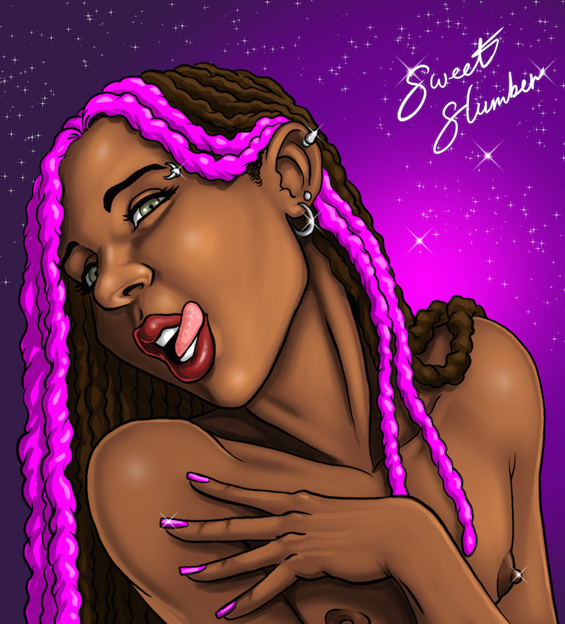 1boy dark-skinned_femboy dark-skinned_male dark_skin ear_piercing earrings eyebrow_piercing femboy grey_eyes hansel_(sweet_slumber) licking_lips long_hair male male_only nail_polish nipples open_mouth piercing purple_hair purple_nails solo sweet_slumber tongue_out trap two_tone_hair