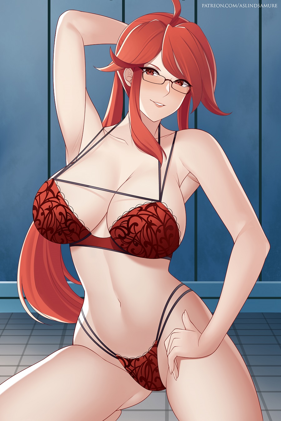 ahoge, arm behind head, armpits, aslindsamure, black-framed eyewear, blush, bra, breasts, cleavage, collarbone, elite four, female, fingernails, game freak, glasses, hand on own thigh, highres, kneeling, long hair, looking at viewer, lorelei (pokemon frlg), lorelei (pokemon), multi-strapped bikini, navel, nintendo, panties, parted lips, picot trim, picot trim bra, picot trim panties, pokemon, pokemon (game), pokemon frlg, pokemon lgpe, pokemon rgby, ponytail, red bra, red eyes, red hair, red panties, sidelocks, smile, solo, underwear, watermark, web address