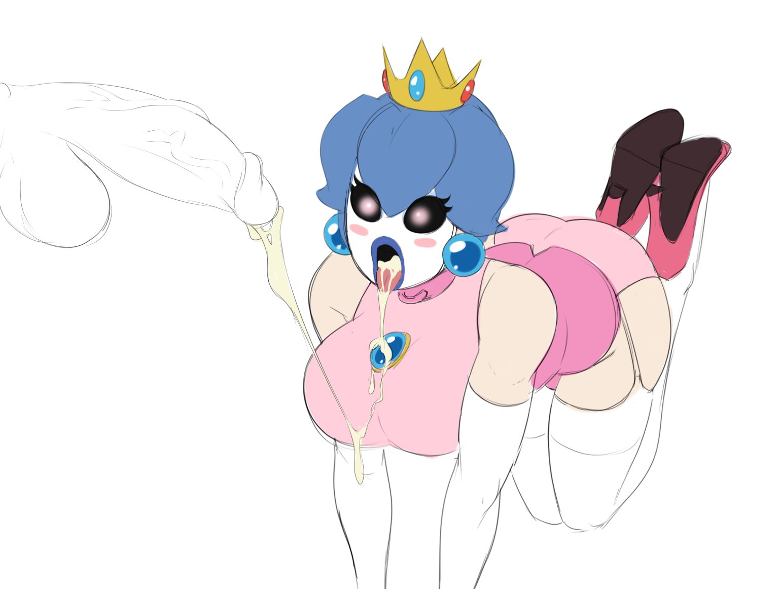 all fours, balls, breasts, clothing, crossover, cum in mouth, cum on breasts, cum on upper body, fellatio, femboy, femboy only, fire emblem, fire emblem: mystery of the emblem, fire emblem: shadow dragon and the blade of light, futanari, high heels, intersex, male, mario (series), marth (fire emblem), penis, princess peach (cosplay), sealguy, shy gal (cosplay), simple background, sissification, sissy, sissyfication, solo focus, tagme, testicles, tight clothing, trap, white background
