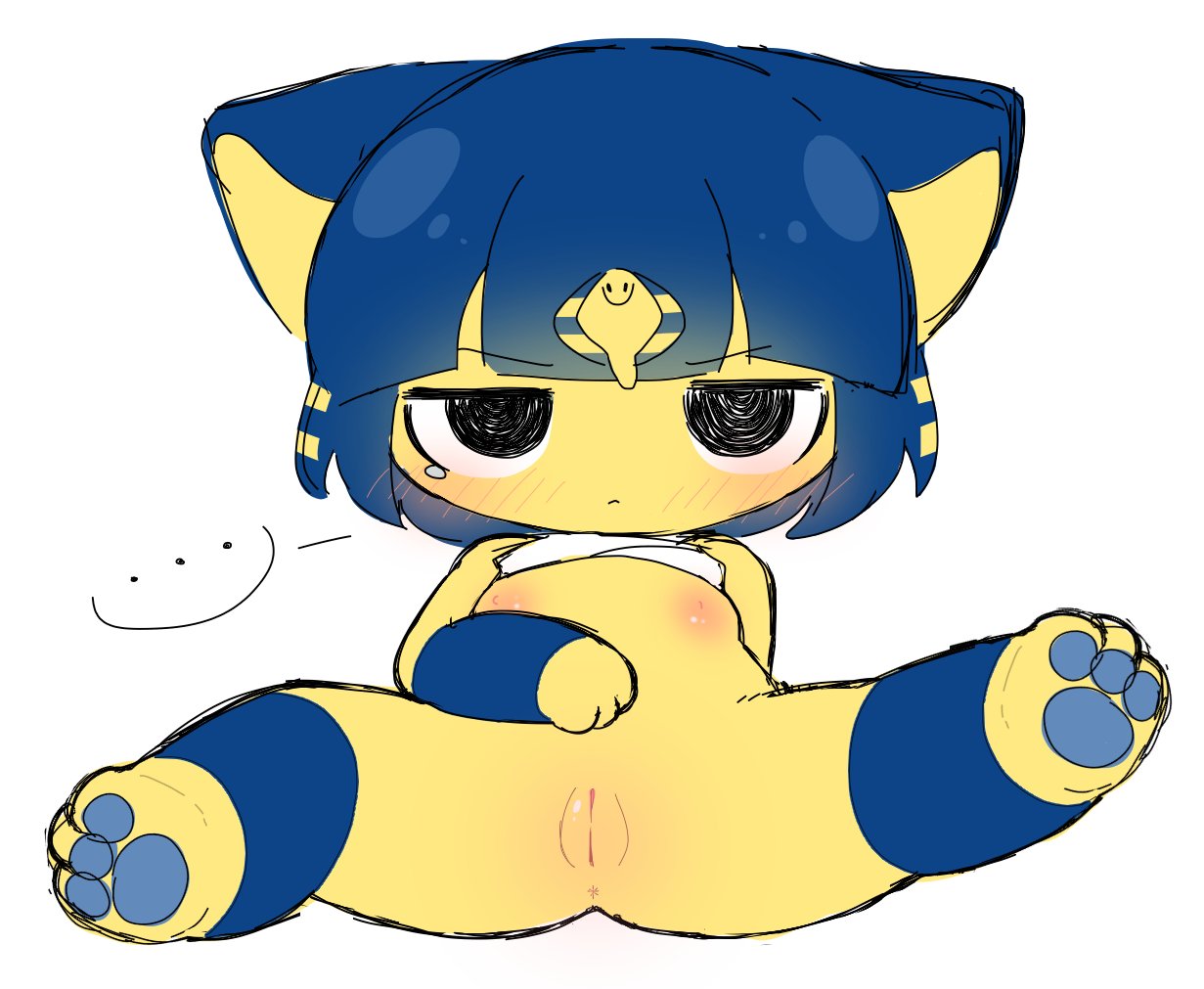 1girls animal_crossing ankha anthro blue_hair blush bodily_fluids domestic_cat egyptian_headdress facing_viewer felid feline felis female female_only front_view furry genitals hair mammal nintendo nipples pawpads pussy rakket simple_background solo spread_legs spreading tears toe_beans toebeans uraeus video_games white_background yellow_body