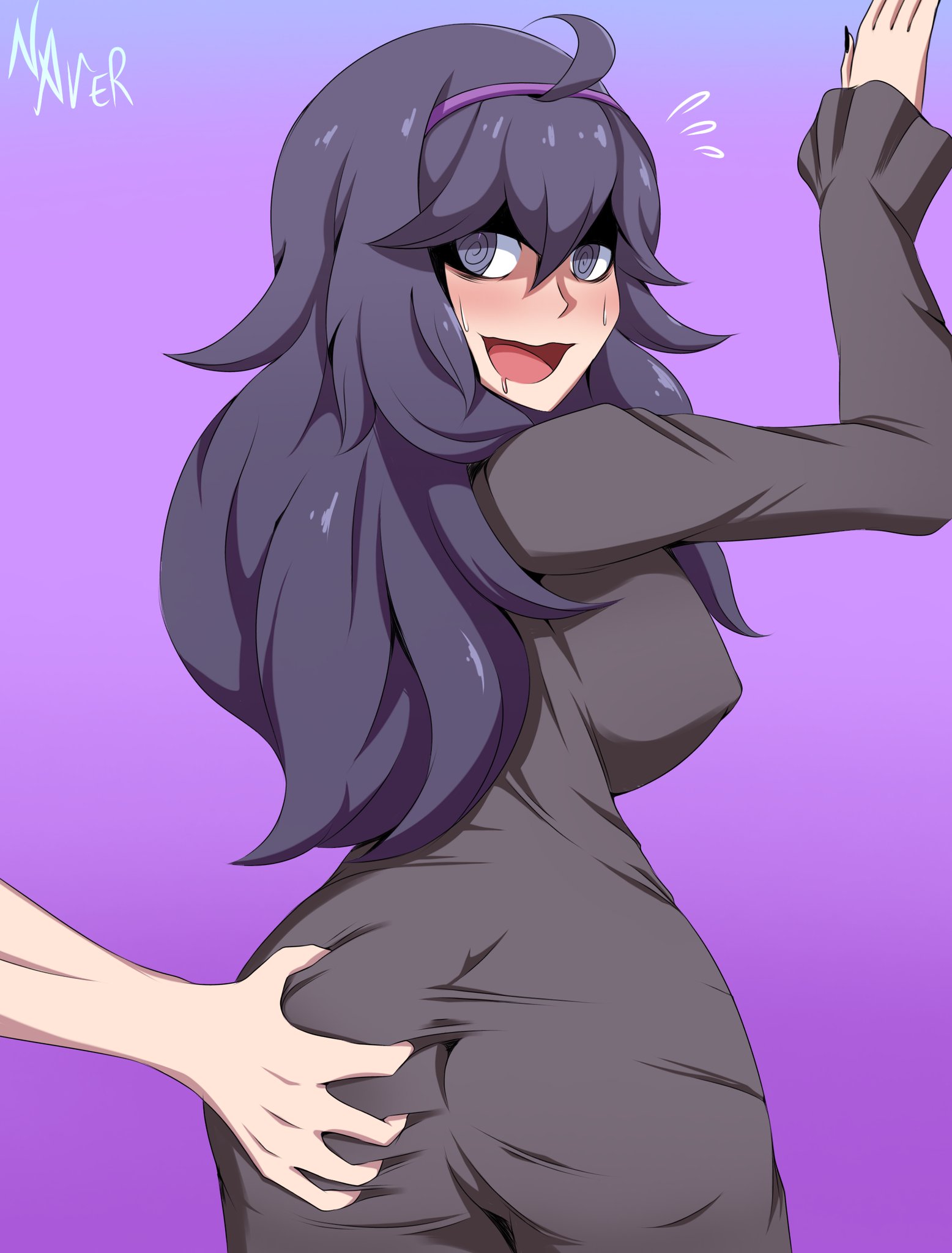 1girls, ass, ass grab, ass in dress, big ass, big breasts, black nails, blush, breasts, colored, dress, female, goth, goth girl, groping, hex maniac, human, human only, long hair, messy hair, nails, naver, pokemon, pokemon (game), pokemon xy, purple eyes, purple hair, simple background, swirly eyes, tight clothing