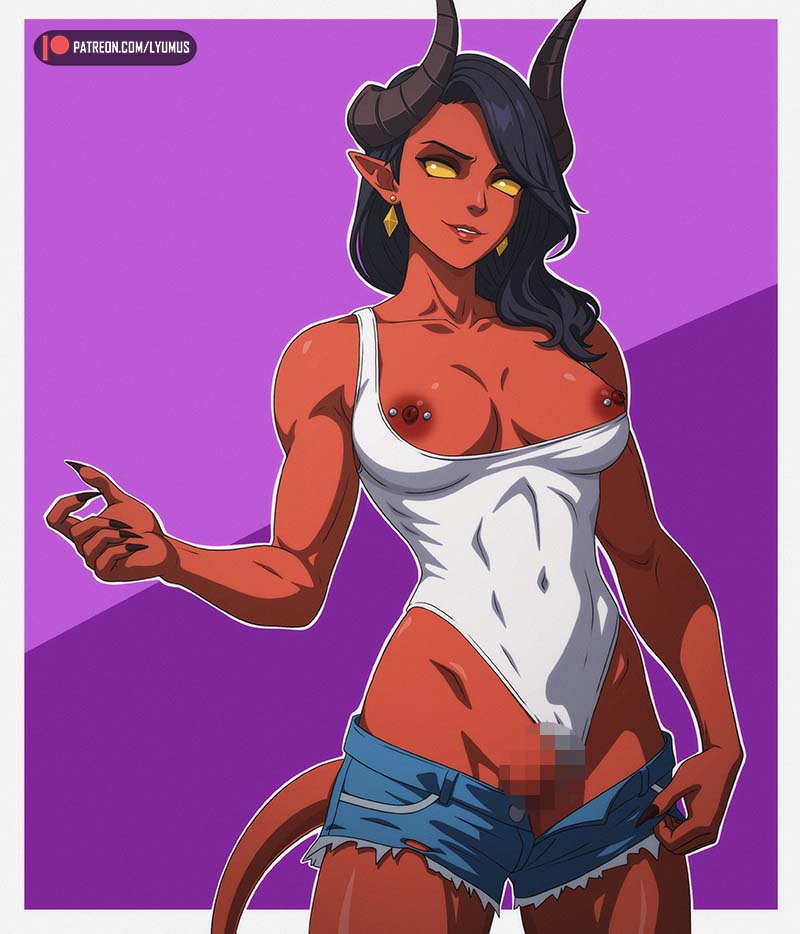 1girls, censored, demon girl, demon horns, demon tail, dispatch (game), fit female, large breasts, leotard, leotard aside, long nails, lyumus, malevola gibb, muscular female, nipple piercing, nude, shorts, solo