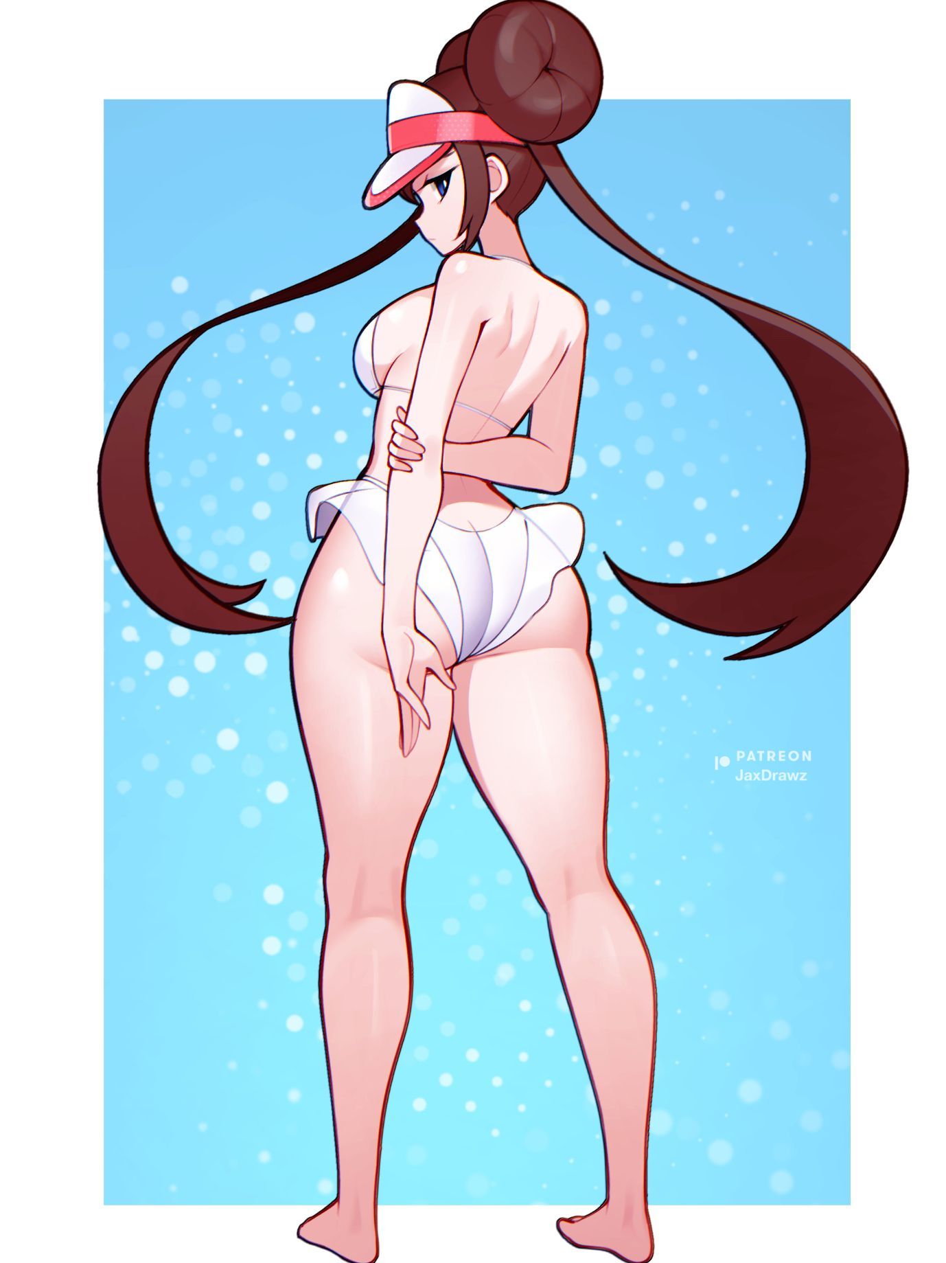 1girls, alternate costume, bikini, blue background, brown hair, donut hair bun, female, female only, game freak, hair bun, highres, jaxdrawz, nintendo, pokemon, pokemon bw2, rosa (pokemon), solo, swimsuit, twintails, white border
