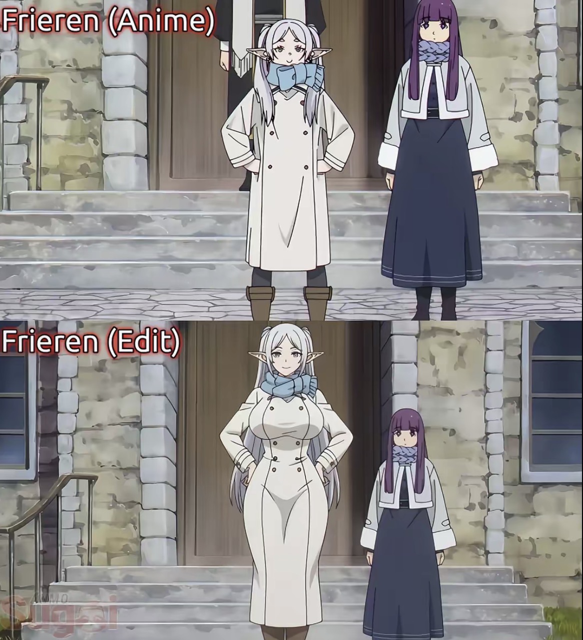 2girls, big boobs, big breasts, clothed, clothing, curvaceous body, curvy female, curvy figure, edit, fern (sousou no frieren), frieren, frieren beyond journey's end, light-skinned female, no sex, sousou no frieren, tall female, taller female, thick thighs, white hair, white skin