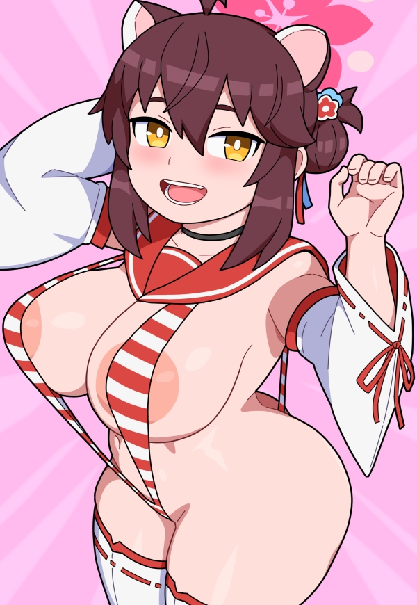 1girls, absurdres, allied hyakkiyako academy student, animal ears, areola slip, bare shoulders, blue archive, breasts, brown hair, female, female focus, hair ornament, hamster ears, highres, inner discipline club (blue archive), kabeume, kaede (blue archive), large areolae, large breasts, light skin, light-skinned female, looking at viewer, miko, nipples, puffy nipples, sling bikini, smile, solo, wide sleeves, yellow eyes