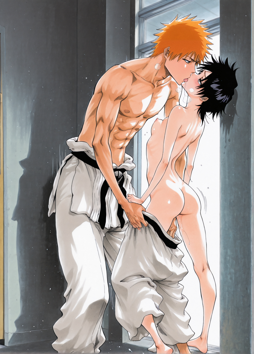 1boy1girl, ai generated, arisawa tatsuki, black hair, bleach, ichigo kurosaki, orange hair, tatsuki arisawa
