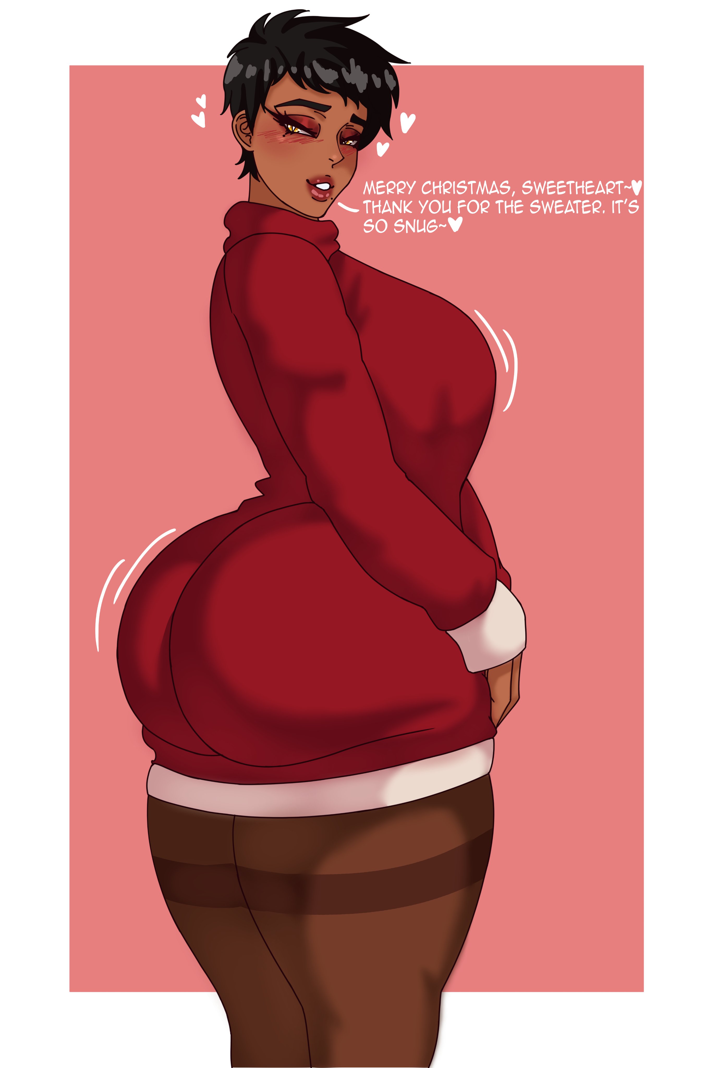 1girls, ass, big ass, bubble butt, christmas, christmas outfit, demon dog, huge ass, original, original character, short hair, text, tomoe tsukishima (demon dog)