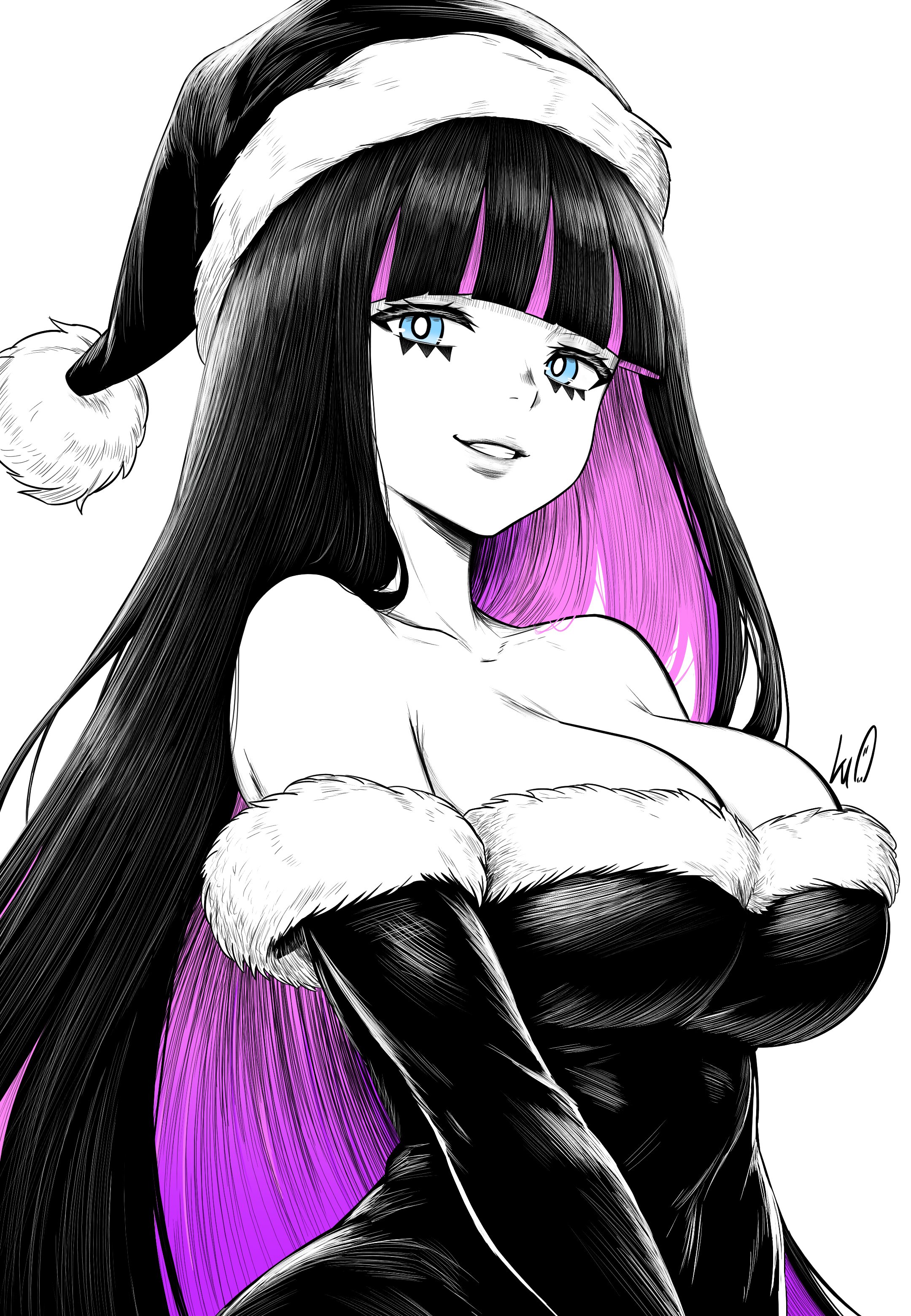 1girls, absurdres, bare shoulders, blue eyes, blunt bangs, breasts, cleavage, colored inner hair, commentary, detached sleeves, dress, english commentary, female, female only, hat, highres, large breasts, long hair, looking at viewer, lughost, multicolored hair, off shoulder, off-shoulder dress, panty & stocking with garterbelt, pink hair, santa hat, solo, spot color, stocking (psg), stocking anarchy, very long hair