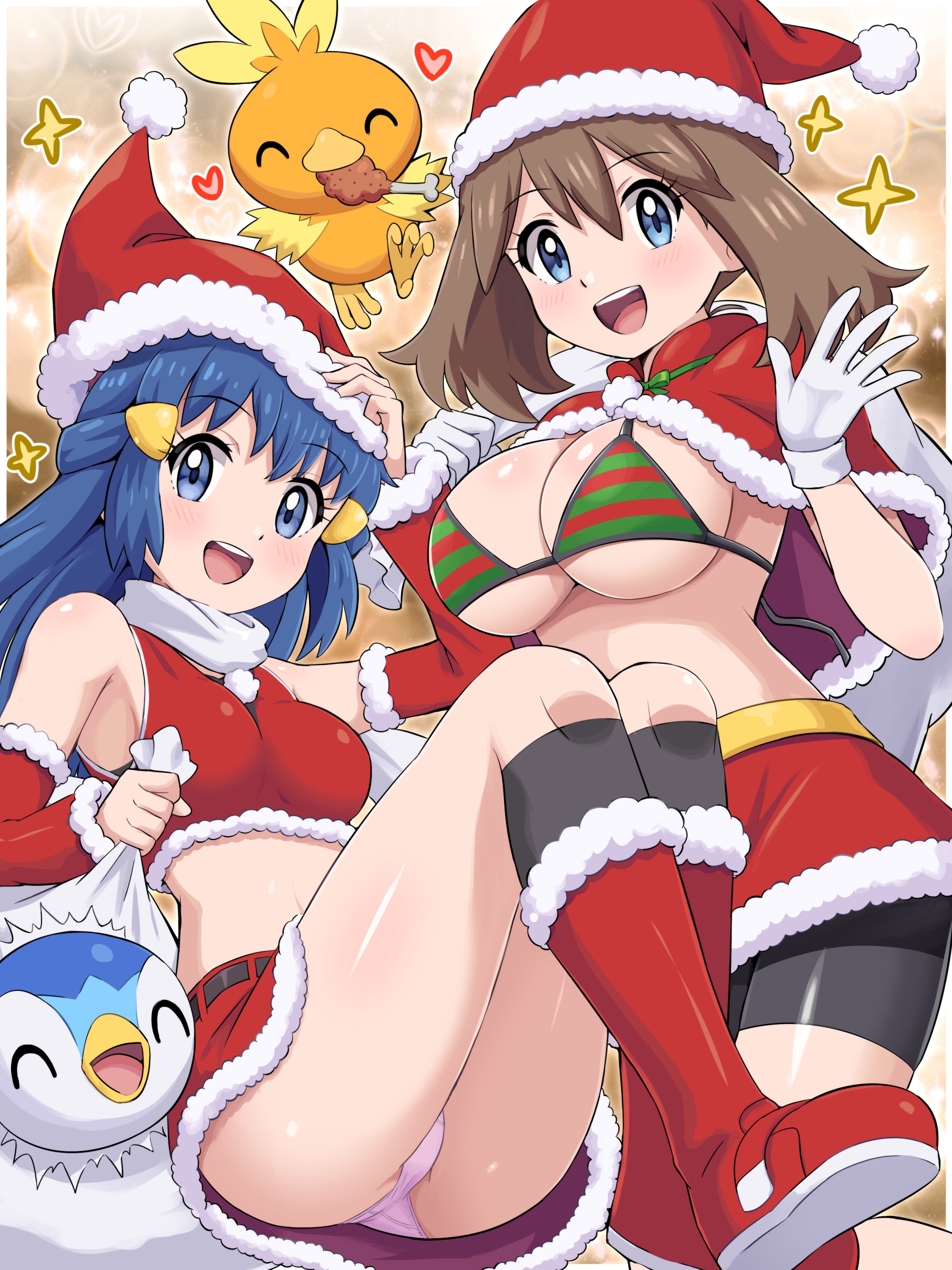 2girls, absurdres, alternate breast size (larger), bikini, bird, blue eyes, blue hair, blush, boots, breasts, brown hair, christmas, commentary request, dawn (pokemon), female, female only, fur trim, fur-trimmed headwear, gen 3 pokemon, gen 4 pokemon, gloves, hair ornament, hairclip, hat, highres, holding, holding sack, large breasts, long hair, looking at viewer, may (pokemon), medium breasts, merry christmas, multiple girls, nintendo, open mouth, panties, pantyshot, piplup, pokemoa, pokemon, pokemon (anime), pokemon (creature), pokemon dppt (anime), pokemon rse (anime), sack, santa bikini, santa costume, santa hat, shirt, shorts, skirt, sleeveless, smile, starter pokemon trio, swimsuit, torchic, underwear