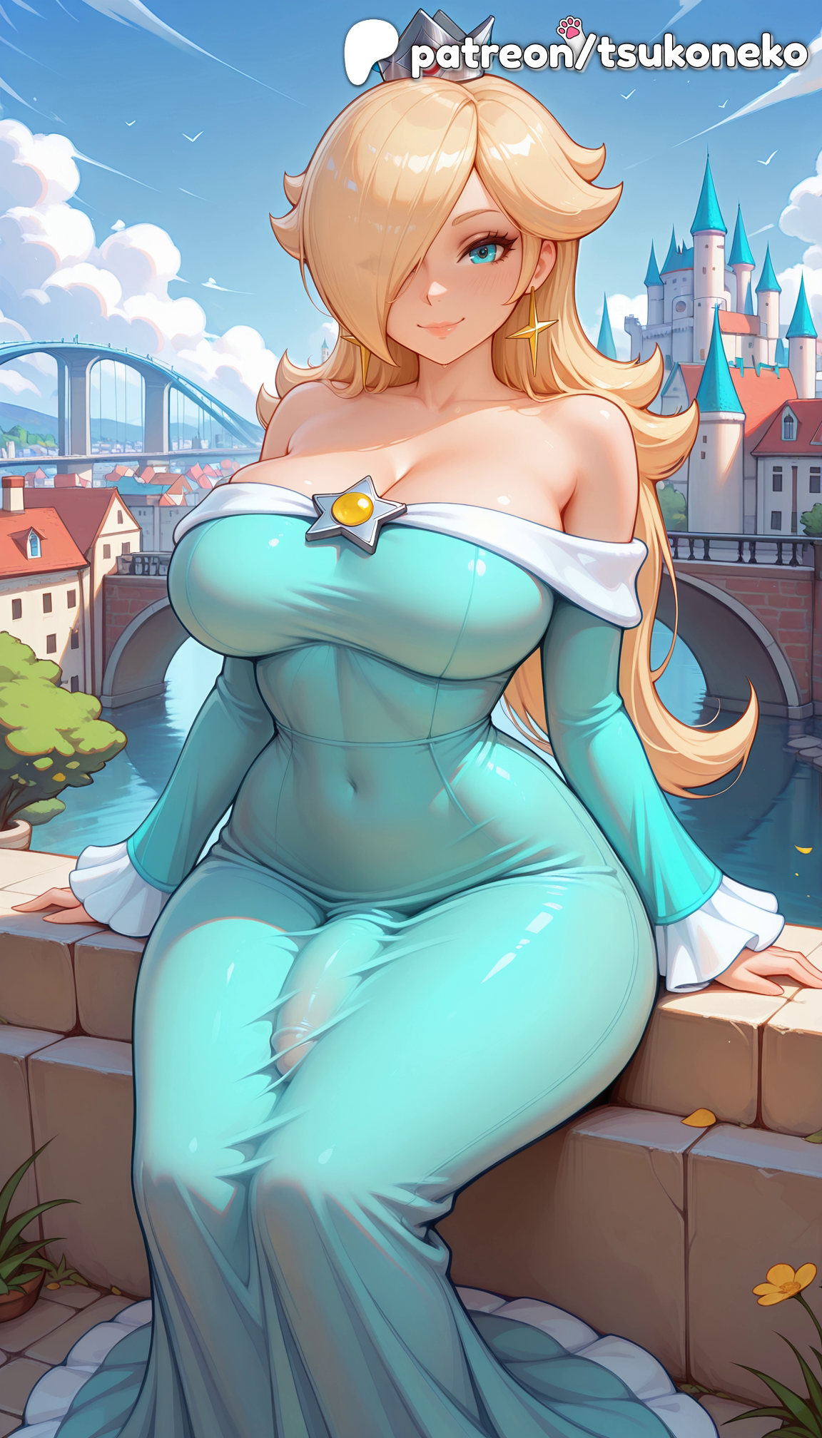 1futa, 2025, ai assisted, ai generated, anime, artist name, bare shoulders, blonde hair, blue sky, breasts, brick, brick wall, building, bust, castle, city, cloud, covered navel, crown, dress, earrings, explicit, futanari, hair over one eye, hi res, high quality, high resolution, highres, jewelry, long hair, mario (series), nintendo, outdoors, patreon, patreon username, penis, princess rosalina, rosalina, sky, stable diffusion, super mario bros., super mario galaxy, tsukoneko, watermark