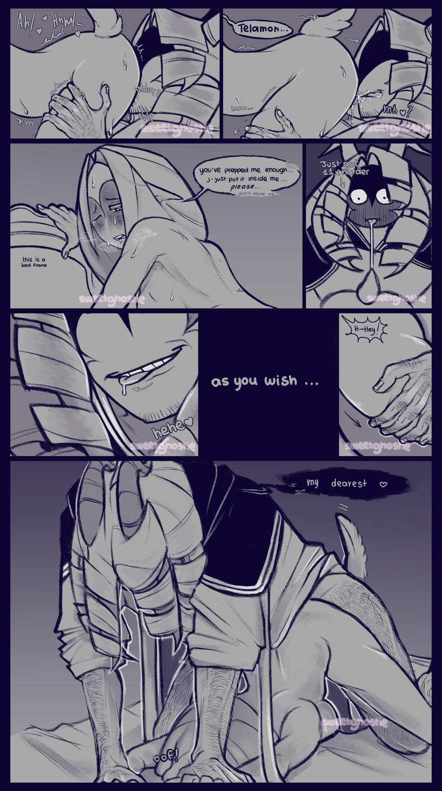 1boy, 1nonbinary, 1x1x1x1, 1x1x1x1 (forsaken), ass in air, begging, begging for more, body hair, comic, comic page, cumming, cumming from oral, cunnilingus, curly hair, english dialogue, english text, forsaken (roblox), goat horns, goat tail, grabbing, grabbing thighs, hairless, hairy arms, hairy hands, hairy legs, hairy male, holding down, holding thighs, holding wrists, horns, imminent penetration, imminent sex, long hair, long sleeves, looking back, looking pleasured, non-human, nonbinary, on bed, on top, on top of, on top of another, onomatopoeia, oral, oral sex, past 1x1x1x1, pointy ears, pulling, pulling down, pulling in, pussy, pussy juice, pussy juice drip, pussy juice string, pussy juice trail, roblox, roblox game, robloxian, satyr, scars, scars on body, self upload, shedletsky, shedletsky (forsaken), smirk, smirking, stubble, sweating, sweating profusely, sweetghostie, telamon, tongue, tongue out, wagging tail, white hair