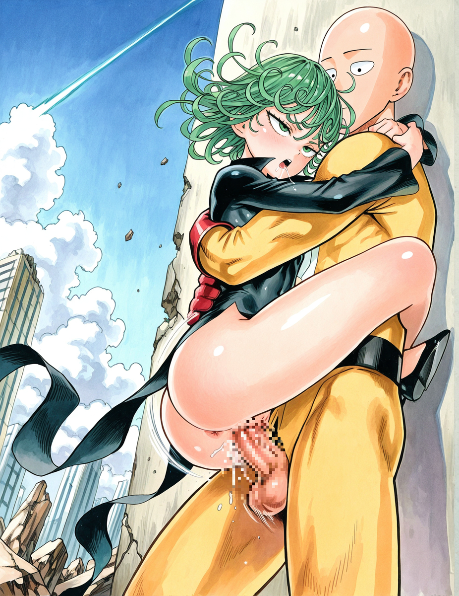 1boy1girl, ai generated, bald male, green hair, legs wrapped around partner, noxxi (artist), one-punch man, saitama, sex, tatsumaki, vaginal penetration, vaginal sex