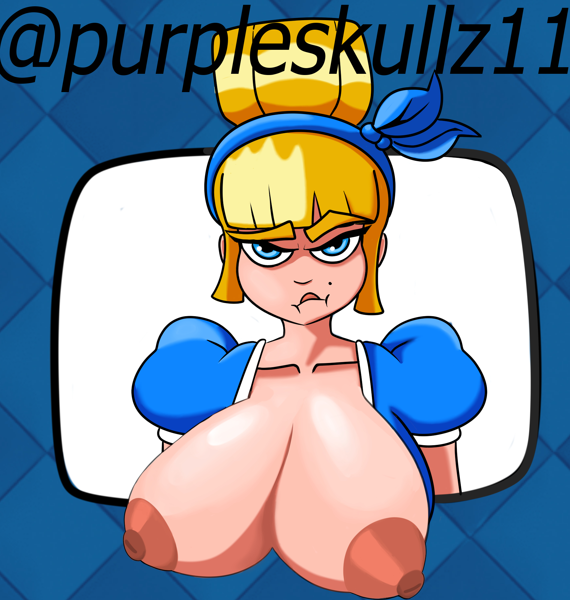1girls, 2d, 2d (artwork), angry, angry expression, angry face, big breasts, blonde, blonde female, blonde hair, blue eyes, breasts, breasts bigger than head, breasts out, clash (series), clash royale, clothed, clothed female, clothing, dagger duchess (clash royale), emote (clash royale), female, female focus, female only, supercell, yellow eyes, yellow hair