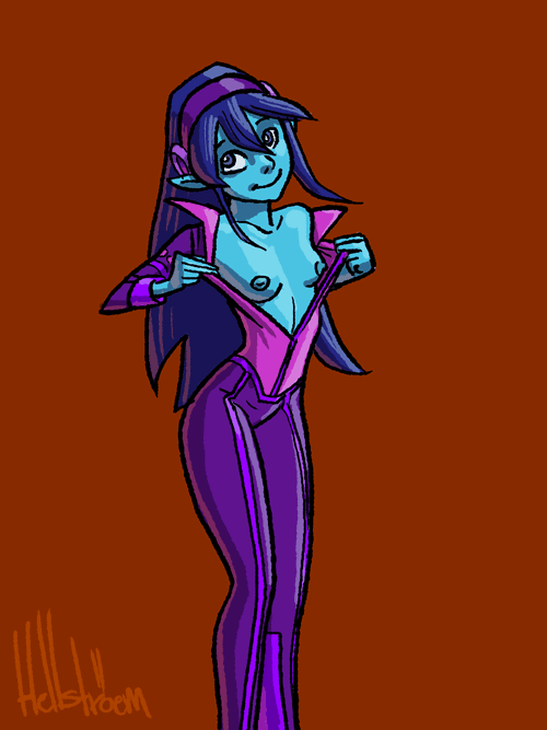 1girls alien blue_hair blue_skin bodysuit breasts breasts_out elf exposed_breasts female gif green_skin hellstroem legs_together long_hair open_clothes open_shirt pointy_ears purple_bodysuit shiny_clothes small_breasts smile solo starlee_hambrath static_gif straight_hair teenage_mutant_ninja_turtles undressing