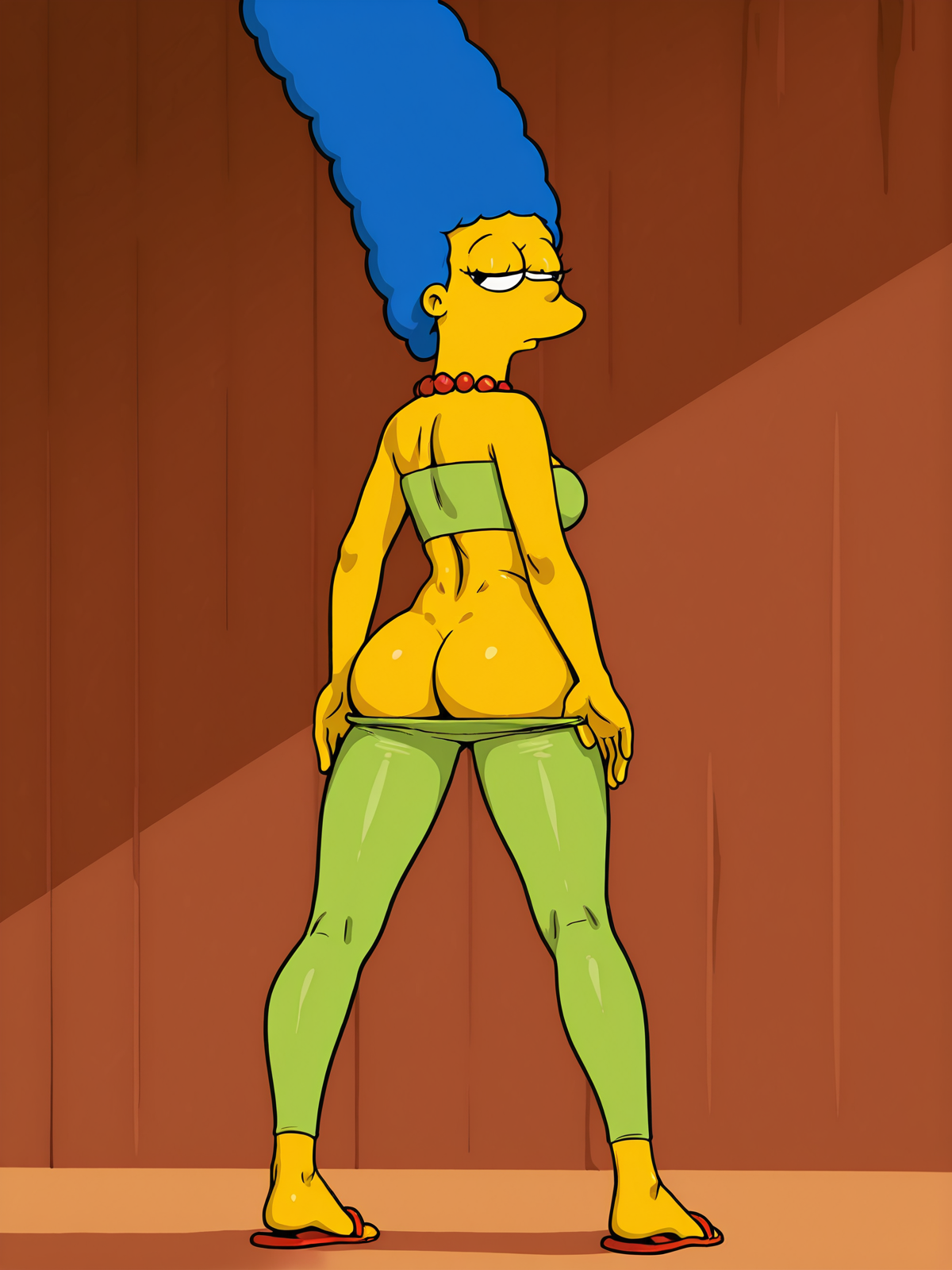 ai generated, ass, blue hair, buttocks, crop top, female, flip flops, green clothing, half-closed eyes, leggings, marge simpson, milf, provocative, pulled down pants, serious, standing, the simpsons, toned body
