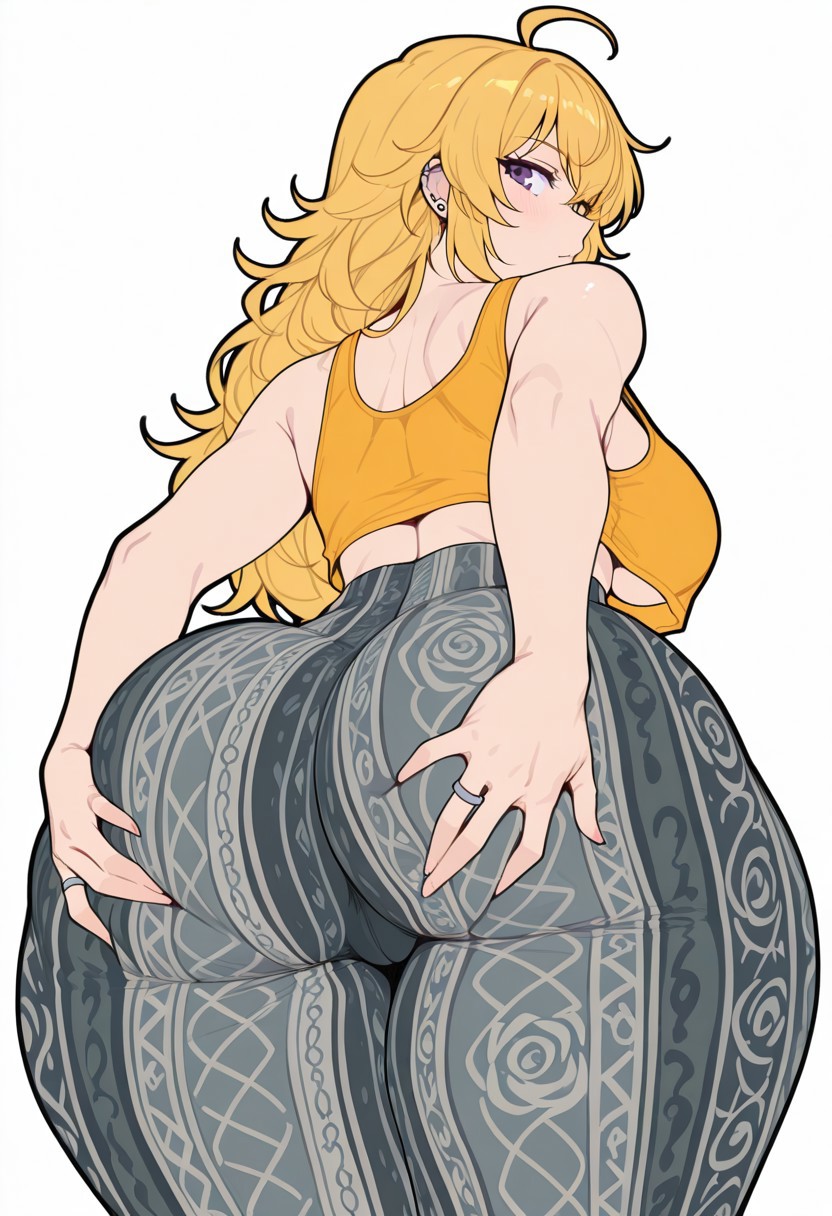 1girls, ai generated, ass, big breasts, blonde hair, breasts, female, female only, flare pants, forbidden pants, hand on ass, hands on ass, huge ass, huge breasts, light-skinned female, long hair, looking at viewer, purple eyes, ramiram, rwby, solo, tank top, thick butt, thick thighs, wavy hair, wide hips, yang xiao long