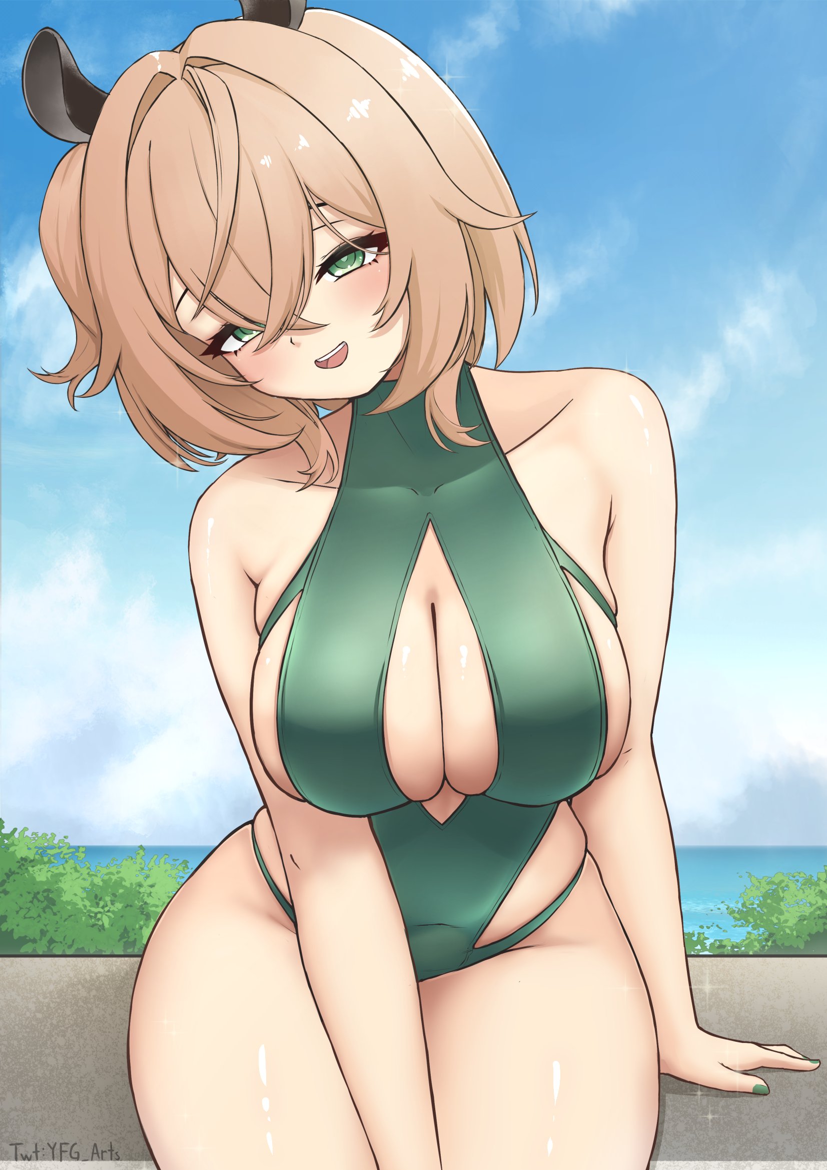 1girls, animal ears, bare shoulders, big breasts, breasts, brown hair, cleavage, commentary, cowboy shot, english commentary, female, female only, green eyes, green one-piece swimsuit, highres, indie virtual youtuber, large breasts, nimi nightmare, ocean, one-piece swimsuit, outdoors, revealing clothes, short hair, side ponytail, sitting, solo, swimsuit, tapir ears, tapir girl, virtual youtuber, vtuber, yafatguy