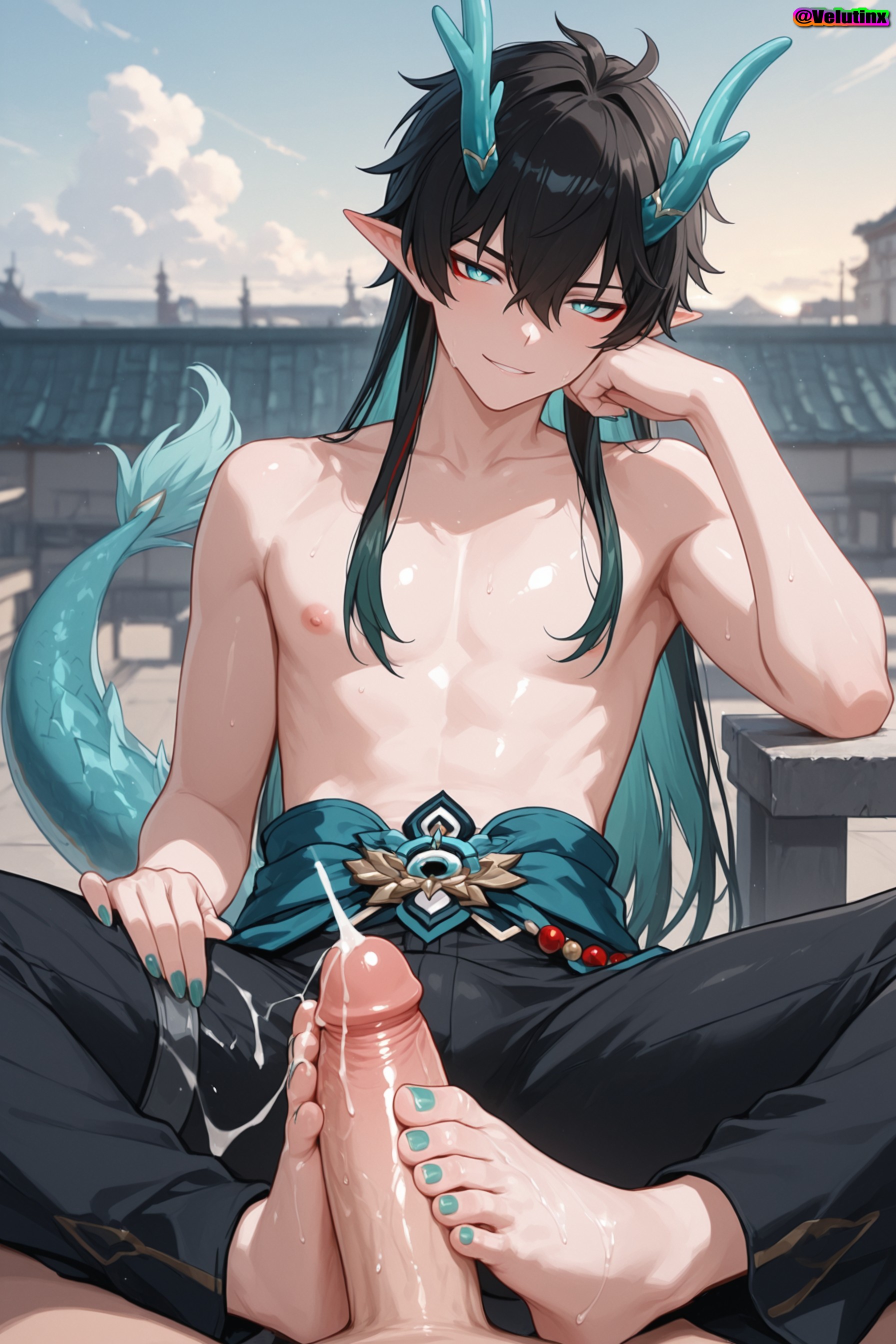 2boys, ai generated, androgynous, big ass, big penis, black hair, blush, cum, curvy, curvy figure, dan heng, dragon, dragon boy, dragon horns, dragon tail, ejaculation, femboy, femboy focus, femboysub, feminine body, feminine faced male, feminine male, feminine pose, feminization, foot fetish, footjob, green eyes, green hair, head rest, heavy breathing, honkai (series), honkai: star rail, long hair, male focus, male only, otoko no ko, paid reward available, precum, sex, sissy, size difference, skindentation, small penis, sweat, sweatdrop, sweating, sweaty, sweaty body, thick thighs, tiny male, tiny penis, topless, trap, trembling, twink, two-tone hair, velutinx, wet skin, wide hips, yaoi
