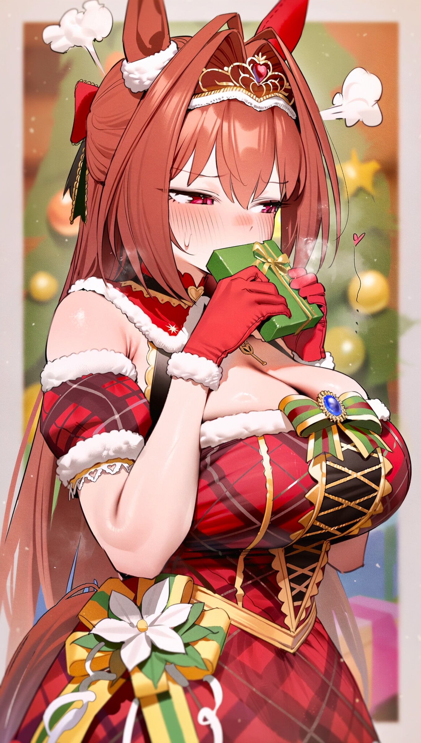 1girls, adorable, alternate costume, animal ears, bangs, big breasts, blurry, blush, box, breasts, christmas, christmas outfit, cleavage, cute, daiwa scarlet (umamusume), elbow gloves, eyebrows visible through hair, female, female only, fur trim, gift, gloves, hair between eyes, hair intakes, holding, holding gift, horse girl, huge breasts, large breasts, long hair, loves it, red dress, red gloves, red hair, shy, solo, tiara, umamusume, umamusume pretty derby