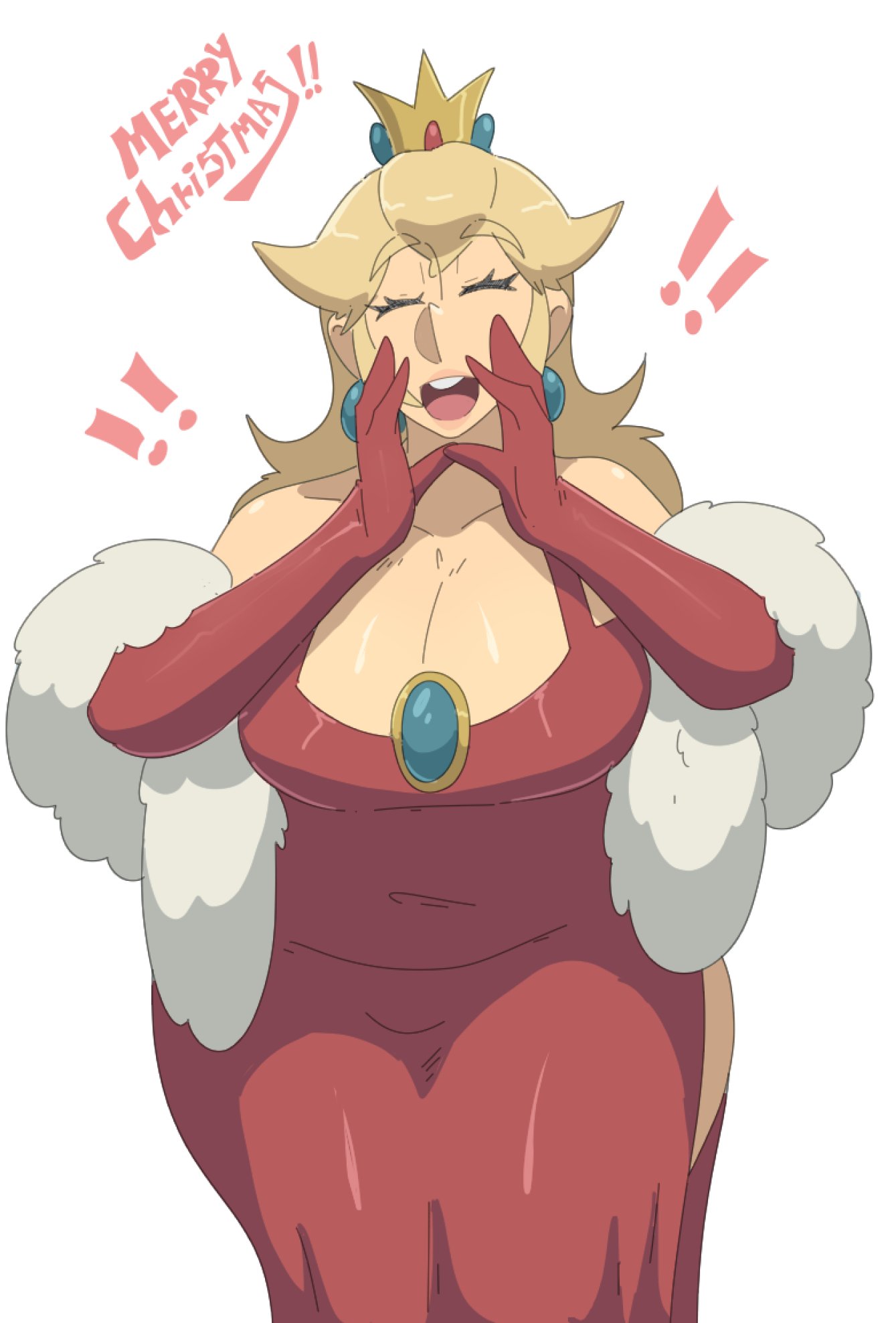 1girls, blonde hair, christmas, christmas clothing, christmas dress, elbow gloves, gloves, leedraw11, mario (series), nintendo, official alternate costume, princess peach, solo, text