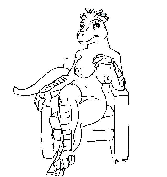 anthro breasts crossed_legs dinosaur dinosaurs dinosaurs_(series) female female_only fran_sinclair front_view jim_henson line_art lineart nude posing reptile simple_background sitting solo white_background