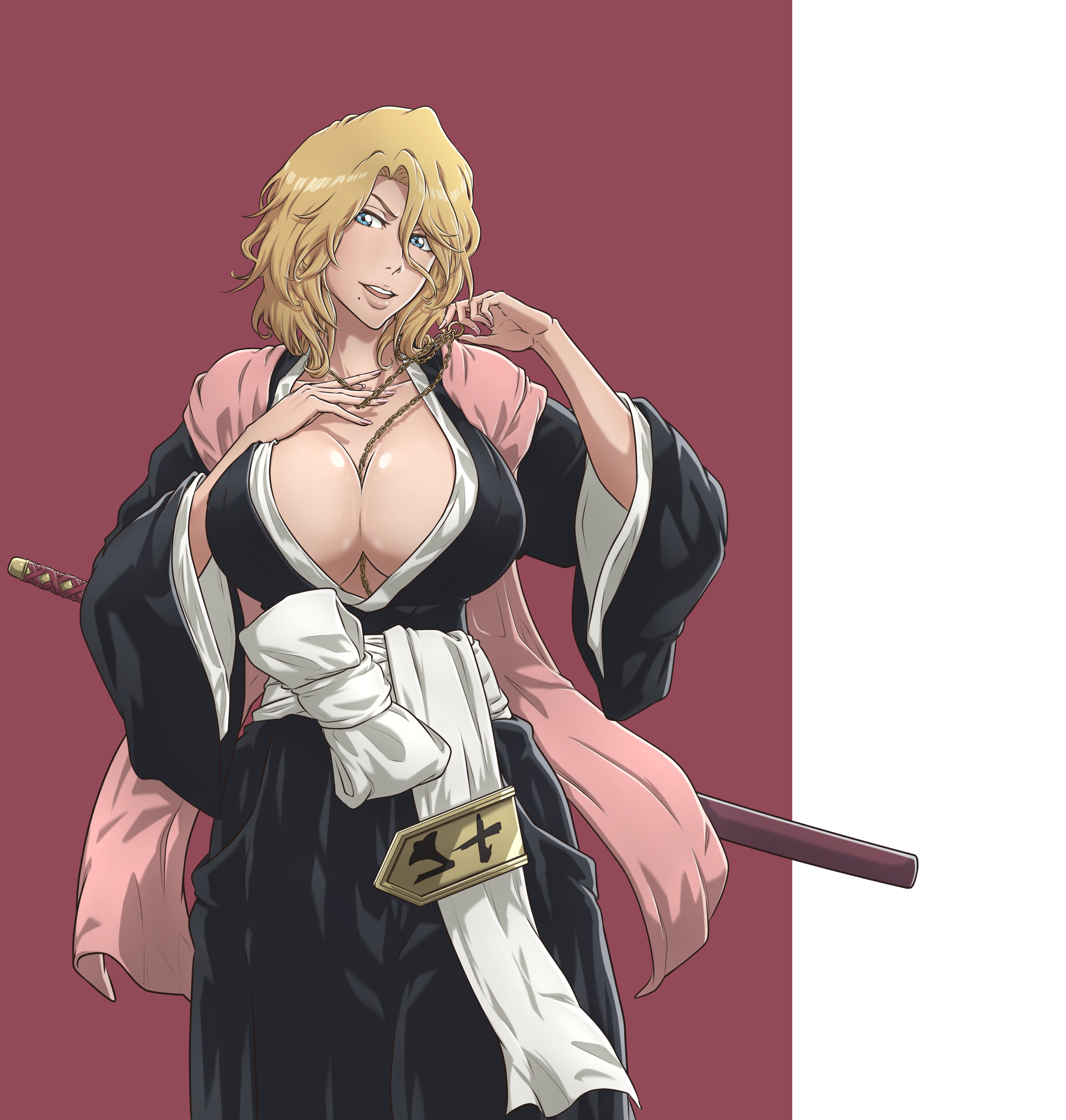 absurdres, arm up, big breasts, black kimono, bleach, bleach: sennen kessen-hen, blonde hair, blue eyes, breasts, cleavage, female, hand on own chest, highres, holding, holding jewelry, holding necklace, japanese clothes, jewelry, kimono, large breasts, matsumoto rangiku, mole, mole under mouth, necklace, necklace between breasts, open clothes, open kimono, short hair, solo, sonzhondaya, sword, weapon