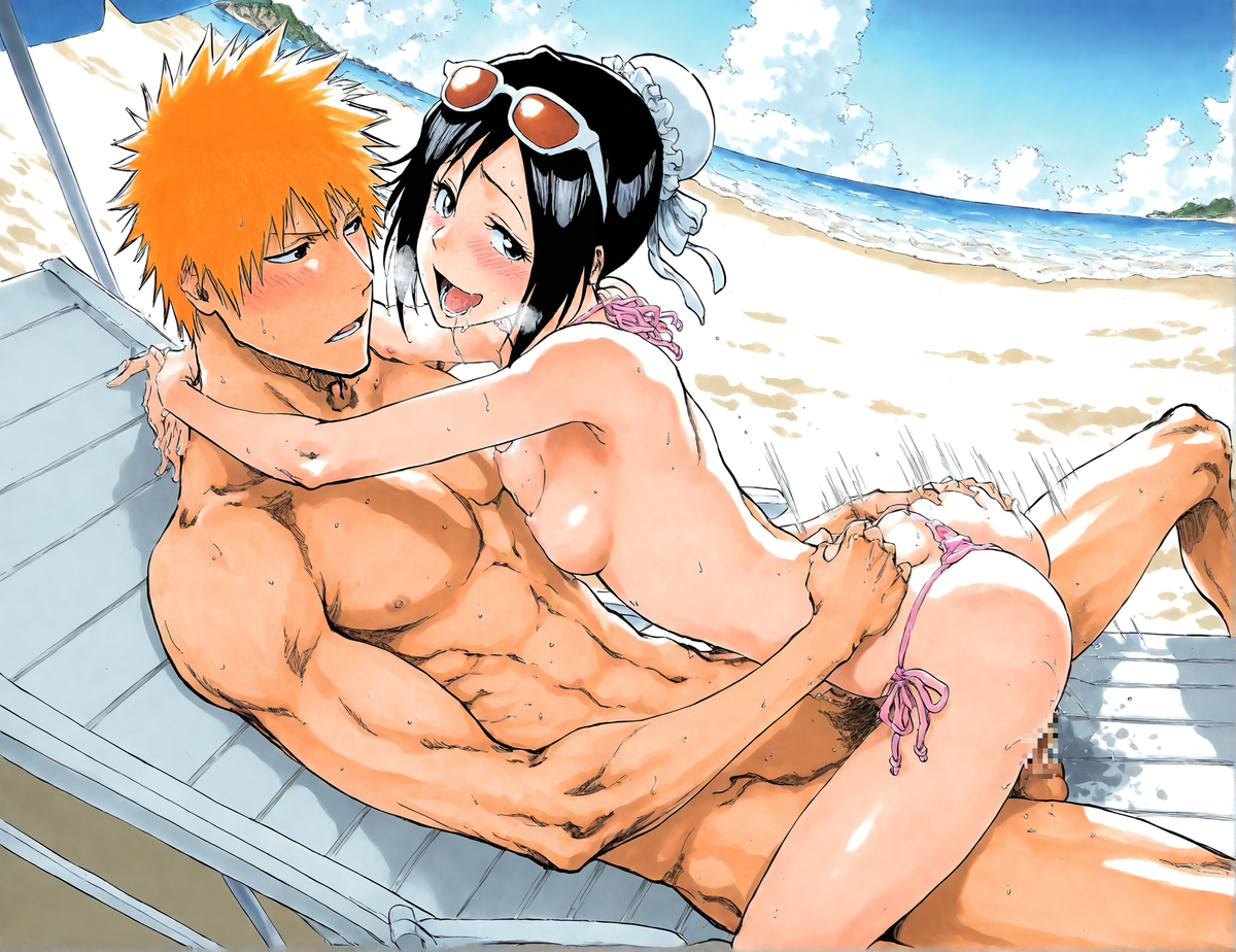 1boy, 1girls, ai generated, ai hands, black hair, bleach, female, hinamori momo, ichigo kurosaki, male, noxxi (artist), orange hair, sex