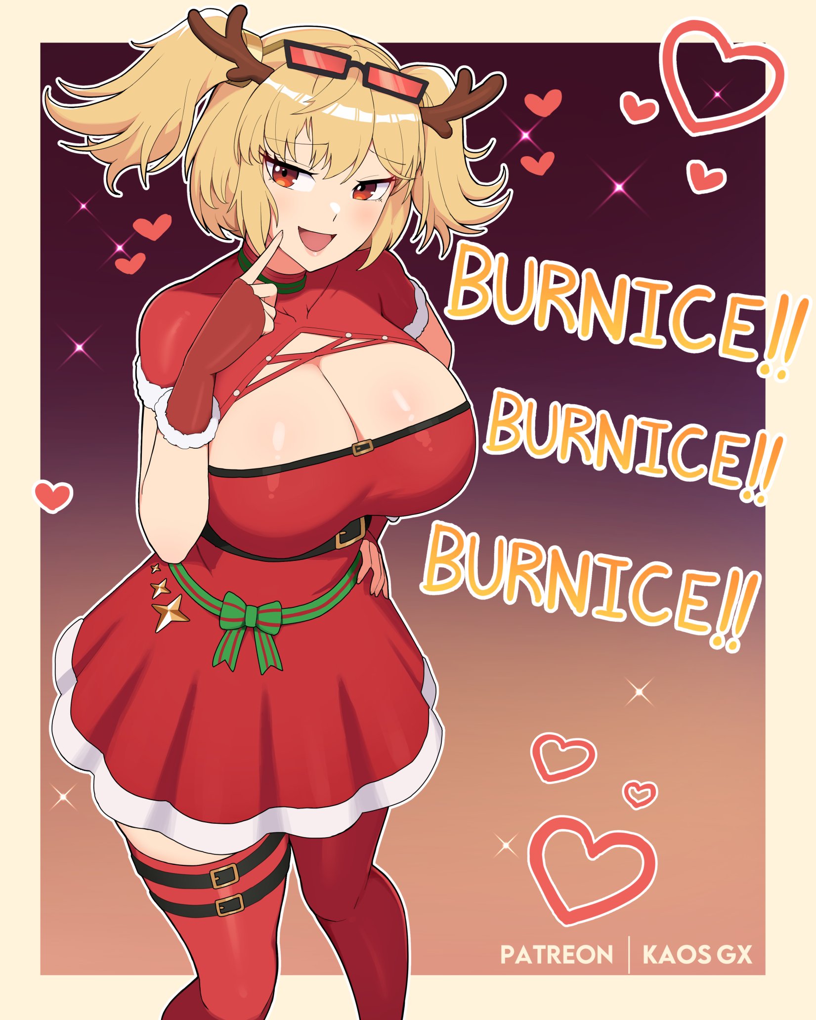 1girls, 2d, alternate costume, artist name, belt, black belt, black-framed eyewear, blonde hair, border, breasts, burnice white, character name, christmas, cleavage, cleavage cutout, clothing cutout, commentary, dress, english text, eyewear on head, fake antlers, feet out of frame, female, female only, finger to cheek, fingerless gloves, gloves, gradient background, hand on own hip, heart, highres, kaos art, large breasts, looking at viewer, medium hair, open mouth, outside border, patreon, patreon username, red dress, red eyes, red gloves, red thighhighs, red-tinted eyewear, santa costume, santa dress, short sleeves, smile, solo, sunglasses, text, thigh strap, thighhighs, tinted eyewear, twintails, yellow border, zenless zone zero