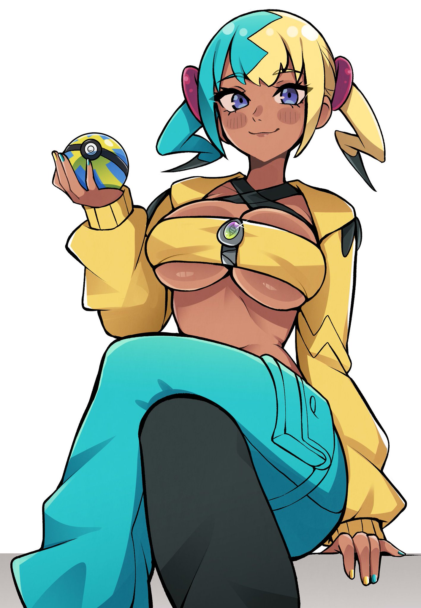 alternate breast size (larger), aqua hair, bandeau, black pants, blue pants, breasts, canari (pokemon), canary (pokemon), center-flap bangs, cleavage, criss-cross halter, criss-cross straps, crop top, cropped jacket, curly sidelocks, female, female only, halterneck, highres, jacket, large breasts, looking at viewer, mega ring, mega stone, midriff, multicolored hair, nail polish, navel, nintendo, oninuer, pants, pokemon, pokemon legends: z-a, shoes, short twintails, simple background, solo, split-color hair, stomach, twintails, two-tone hair, underboob, white background, yellow bandeau, yellow jacket, zipper
