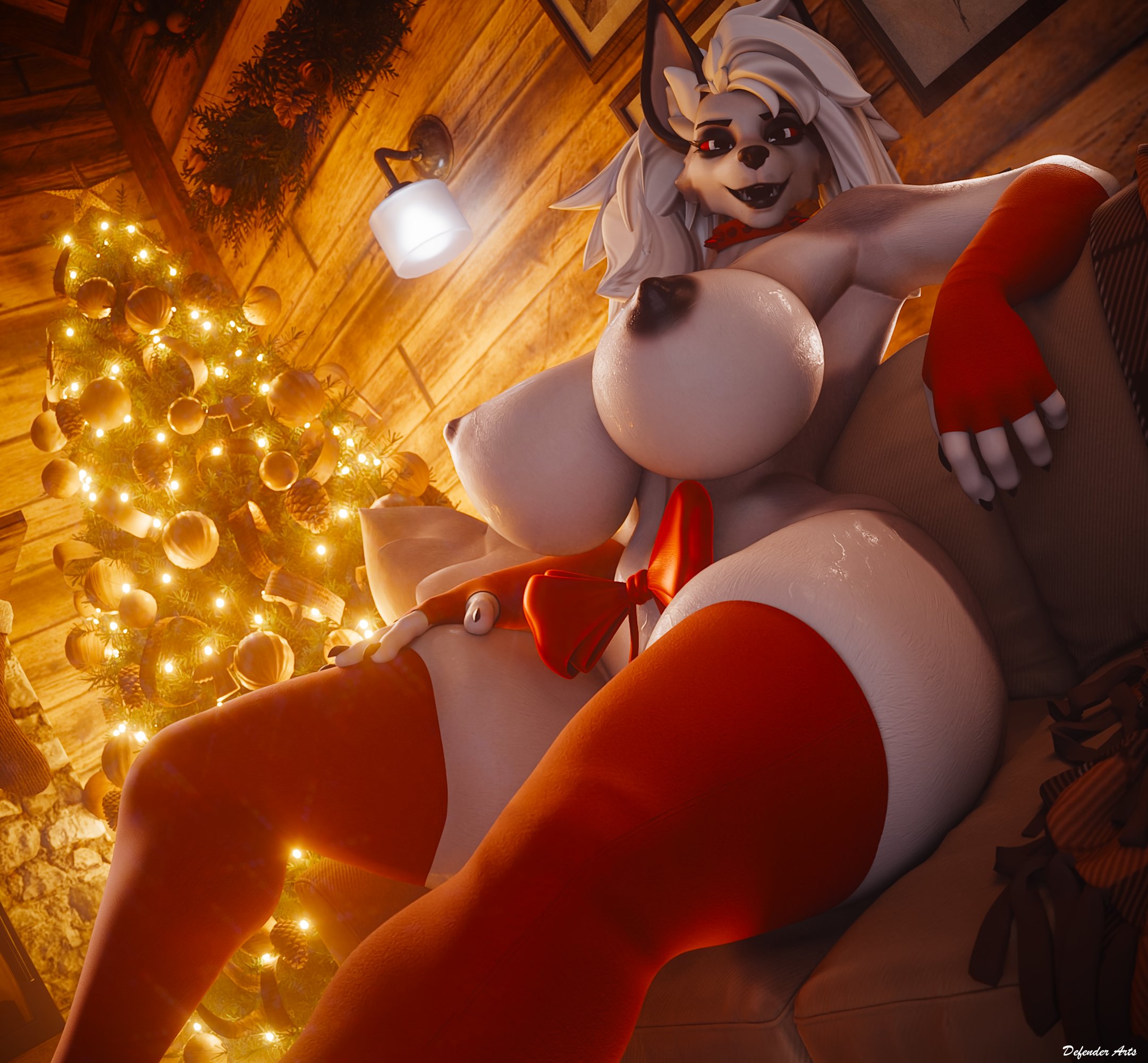 1anthro, 1girls, 3d, anthro, anthro female, big breasts, breasts, christmas, christmas outfit, christmas tree, dark nipples, defenderarts (artist), fingerless gloves, helluva boss, huge breasts, legwear, looking at viewer, loona (helluva boss)