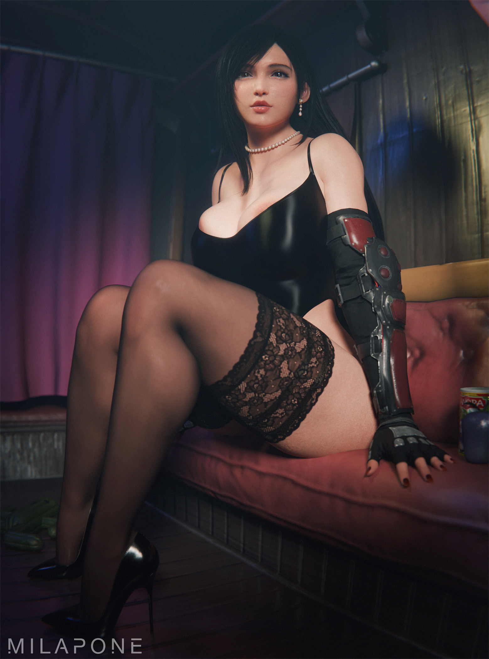 1girls, 3d, 3d (artwork), 3d model, ass, big breasts, black hair, breasts, female, female only, final fantasy, final fantasy vii, glass, glass cup, gloves, hair, indoors, light skin, light-skinned female, lips, looking at viewer, milapone, nipples, nipples visible through clothing, red eyes, skirt, solo, square enix, sweat, sweating, sweaty, sweaty body, thick thighs, tifa lockhart, video game character, video game franchise, video games