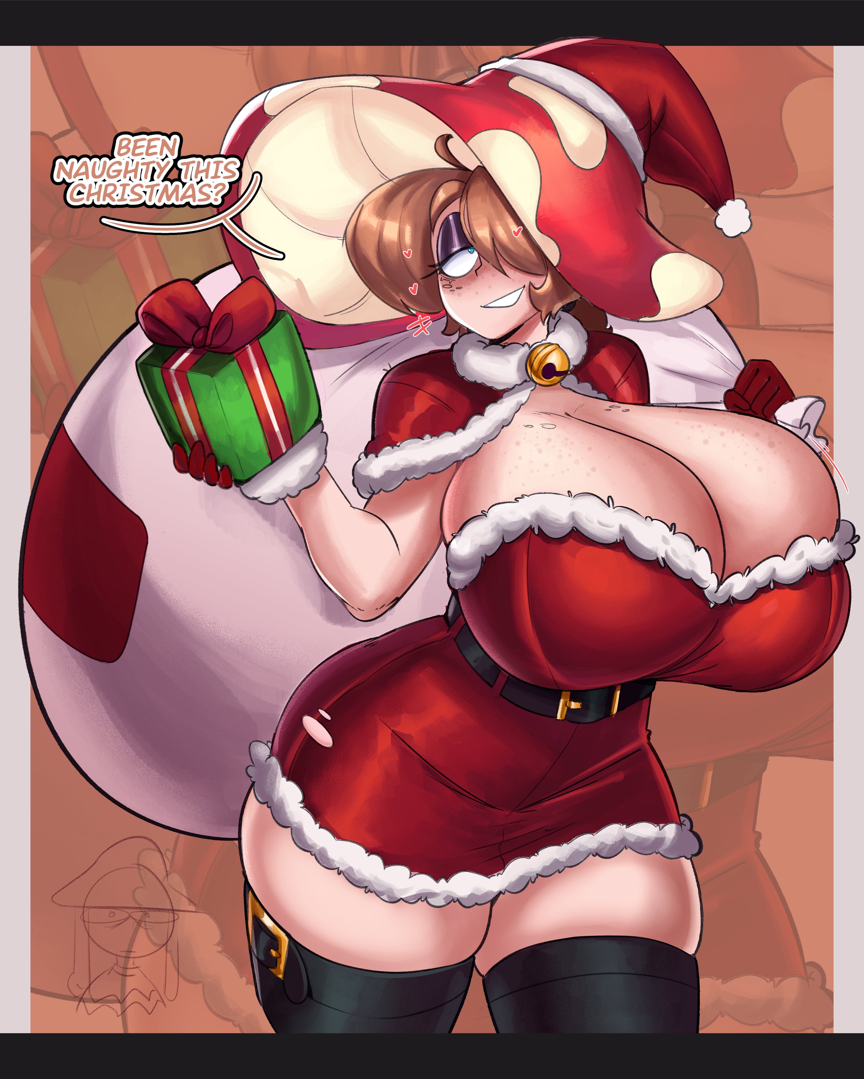 1girls, 2025, ass, bell, bell collar, big ass, big breasts, breasts, breasts bigger than head, brown hair, brown hair female, brown-haired female, brunette female, brunette hair, christmas, clothed, clothed female, clothing, dialogue, dirty talk, english, english dialogue, english text, female, female focus, female only, freckles, freckles on breasts, freckles on face, fully clothed, fully clothed female, garp sand, gift, gift box, hair over one eye, heart, heart symbol, hearts around head, holding, holding gift, holding object, huge breasts, innuendo, light brown hair, light skin, light-skinned female, mom (garp sand), mushroom, mushroom girl, mushroom head, mushroom humanoid, oc, original, original character, santa costume, santa dress, santa gloves, santa hat, santa sack, solo, solo female, solo focus, talking to viewer, text, thick thighs, thighs