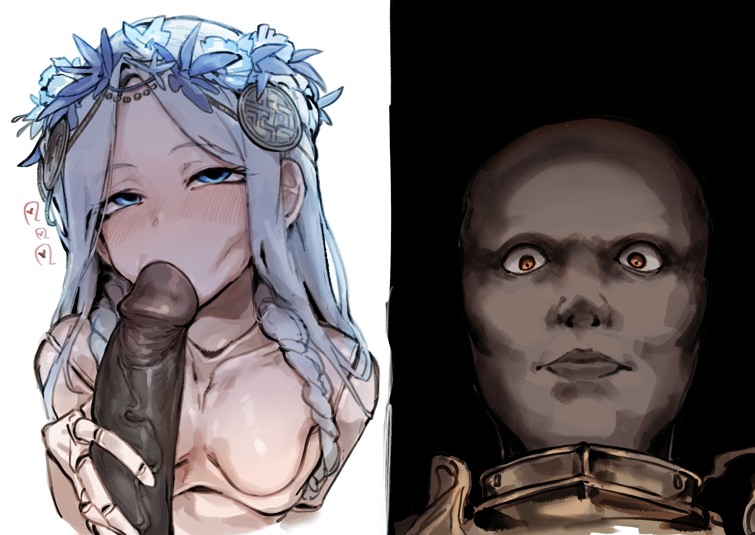 1boy, 1girls, big penis, blowjob, dark skin, dark-skinned male, doll, doll girl, doll joints, doppel, elden ring, elden ring nightreign, executor (nightreign), fellatio, female, fromsoftware, funny face, large penis, male, pale skin, pale-skinned female, revenant (nightreign), spooky, what he sees vs what she sees
