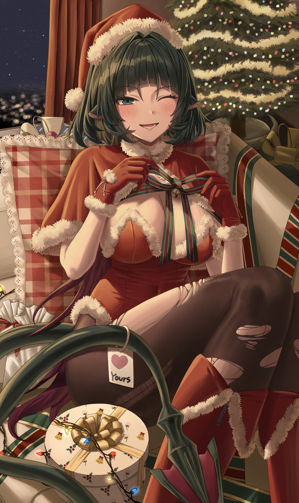 1girls, artist request, breasts, christmas, female, female focus, female only, hoyoverse, jane doe (zenless zone zero), large breasts, light skin, light-skinned female, solo, thick thighs, thighs, torn pantyhose, wide hips, zenless zone zero