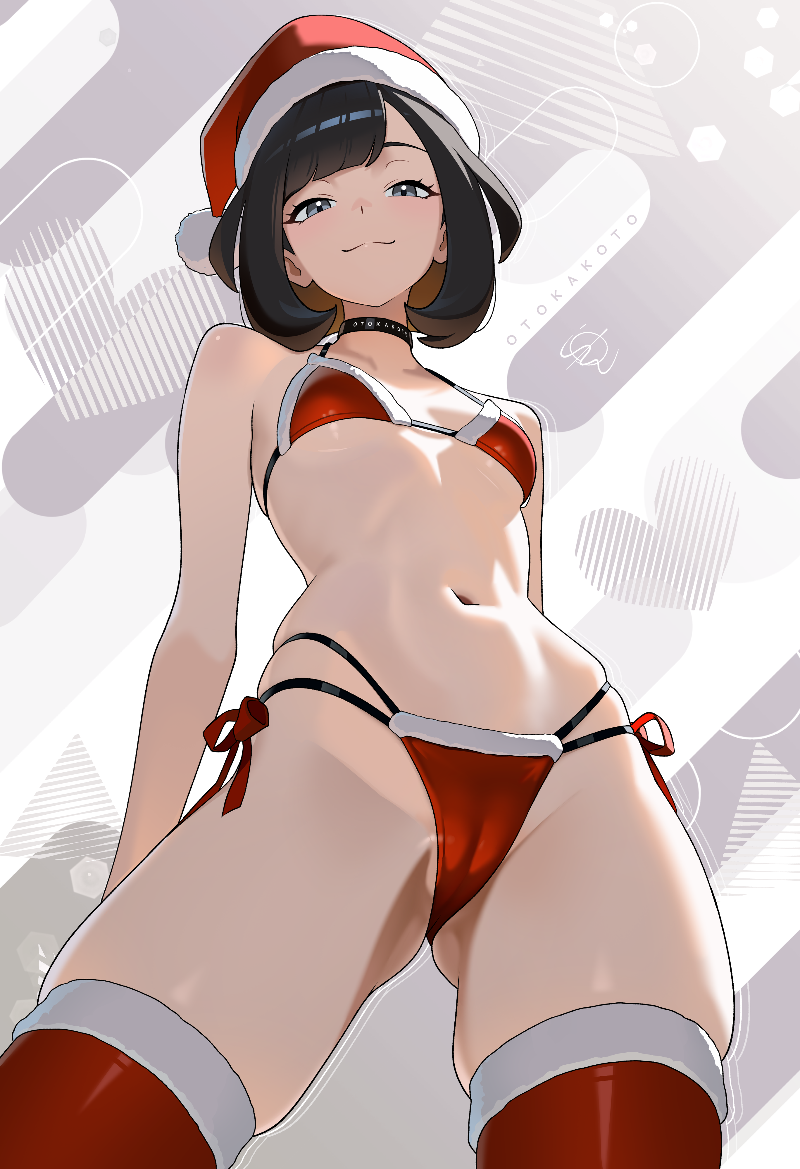 absurdres, bikini, black choker, black hair, breasts, cameltoe, choker, christmas, closed mouth, commentary, english commentary, female, female only, fur trim, fur-trimmed bikini, grey eyes, hat, highres, hip bones, looking at viewer, navel, nintendo, otokakoto, pokemon, pokemon sm, red bikini, red thighhighs, santa bikini, santa costume, santa hat, selene (pokemon), short hair, skindentation, small breasts, smile, solo, stomach, swimsuit, thighhighs, thighs