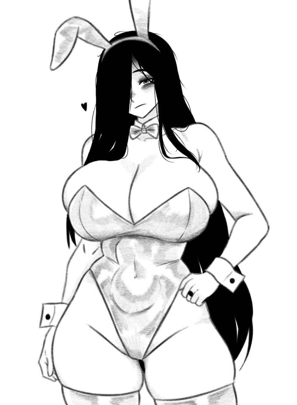 black hair, breasts, bunny ears, bunny girl, bunnysuit, cleavage, collar, easter, fit, fit female, graphicthereal, hair over one eye, hand on hip, heart, large breasts, long hair, looking at viewer, monochrome, navel, sadako yamamura, stockings, tagme, the ring, thick thighs, tight clothing, voluptuous, wide hips, yamamura sadako