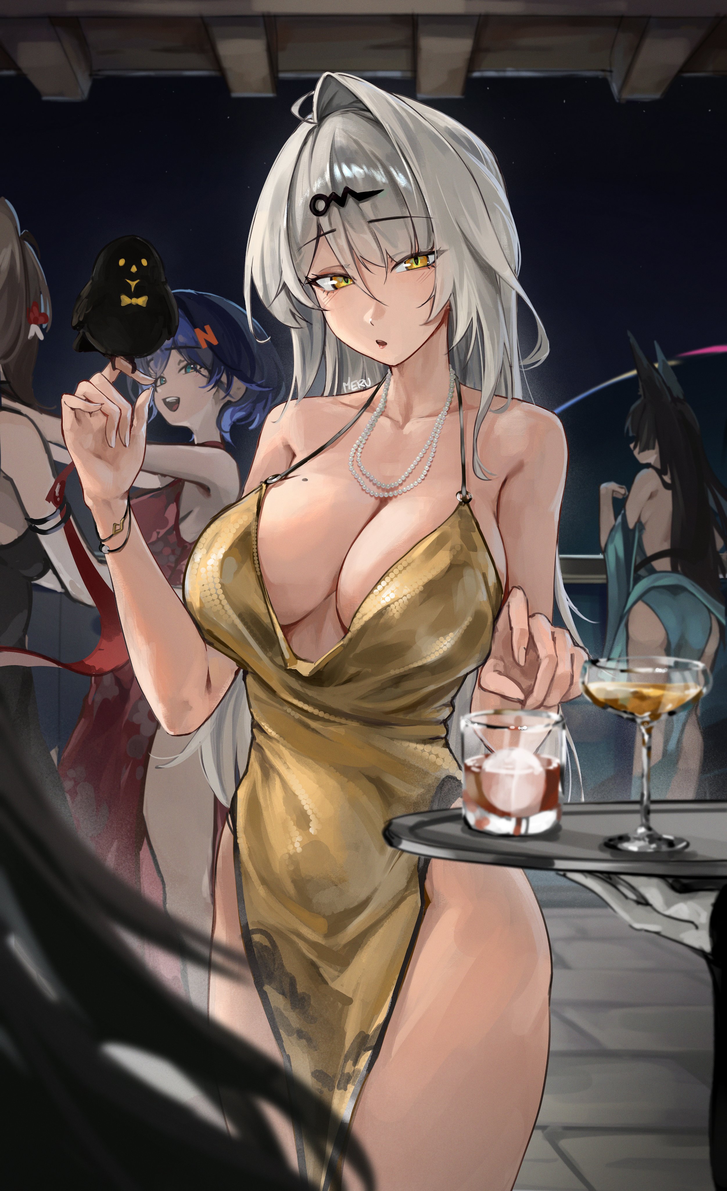 absurd res, animal ears, belle (zenless zone zero), big breasts, black hair, breasts, cleavage, dress, female, female focus, female only, highres, hoshimi miyabi, large breasts, light skin, light-skinned female, looking at viewer, m3ru, multiple girls, short hair, thick thighs, thighs, white hair, wide hips, yixuan (zenless zone zero), zenless zone zero