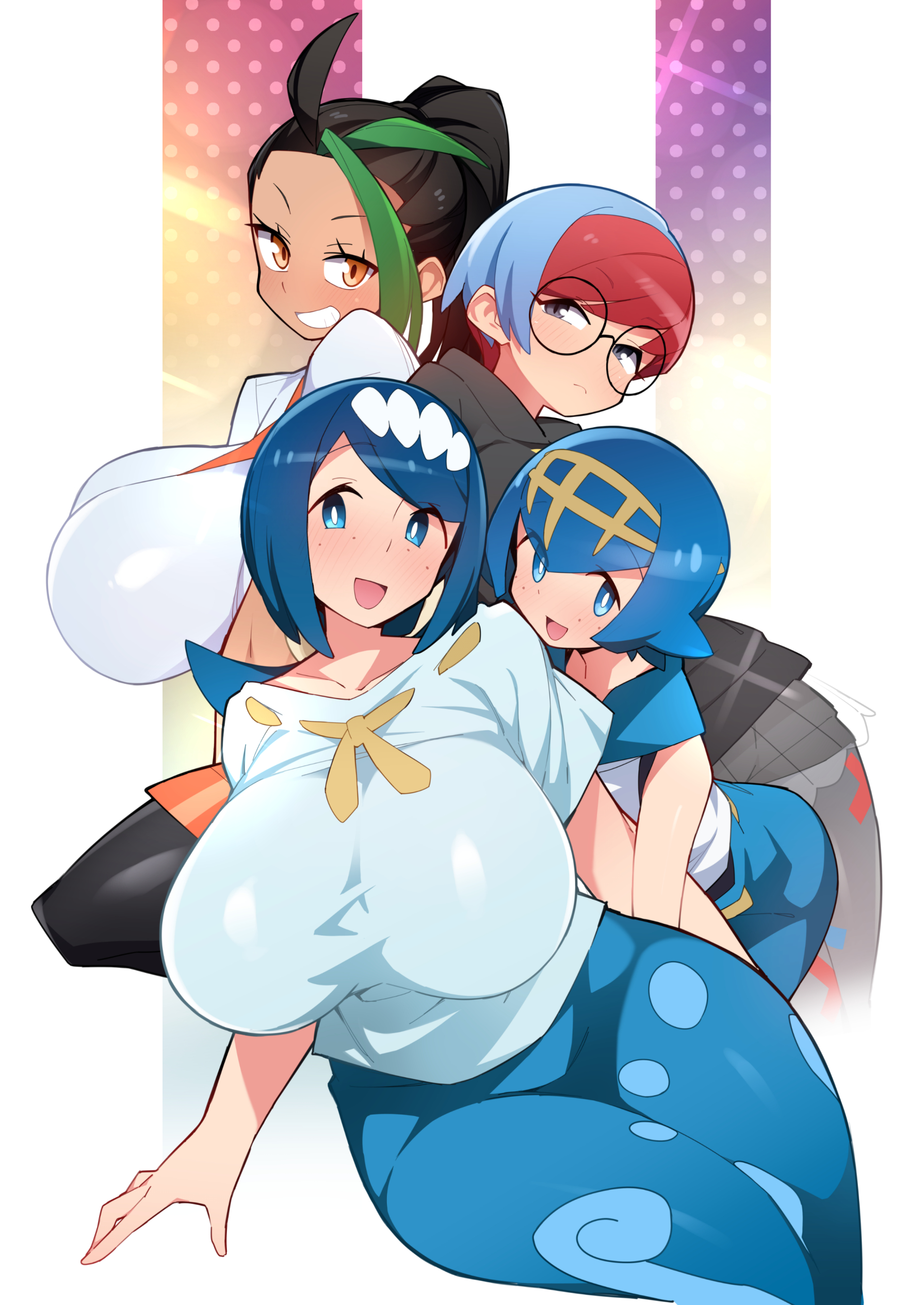 4girls, abarabone94, big breasts, black hair, blue eyes, blue hair, blush, breasts, female, female only, freckles, green hair, hairband, huge breasts, lana (pokemon), lana's mother (pokemon), looking at viewer, mature, mother and daughter, multiple girls, nemona (pokemon), open mouth, pants, penny (pokemon), pokemon, pokemon sm, pokemon sv, ponytail, red hair, shirt, short hair, smile, striped