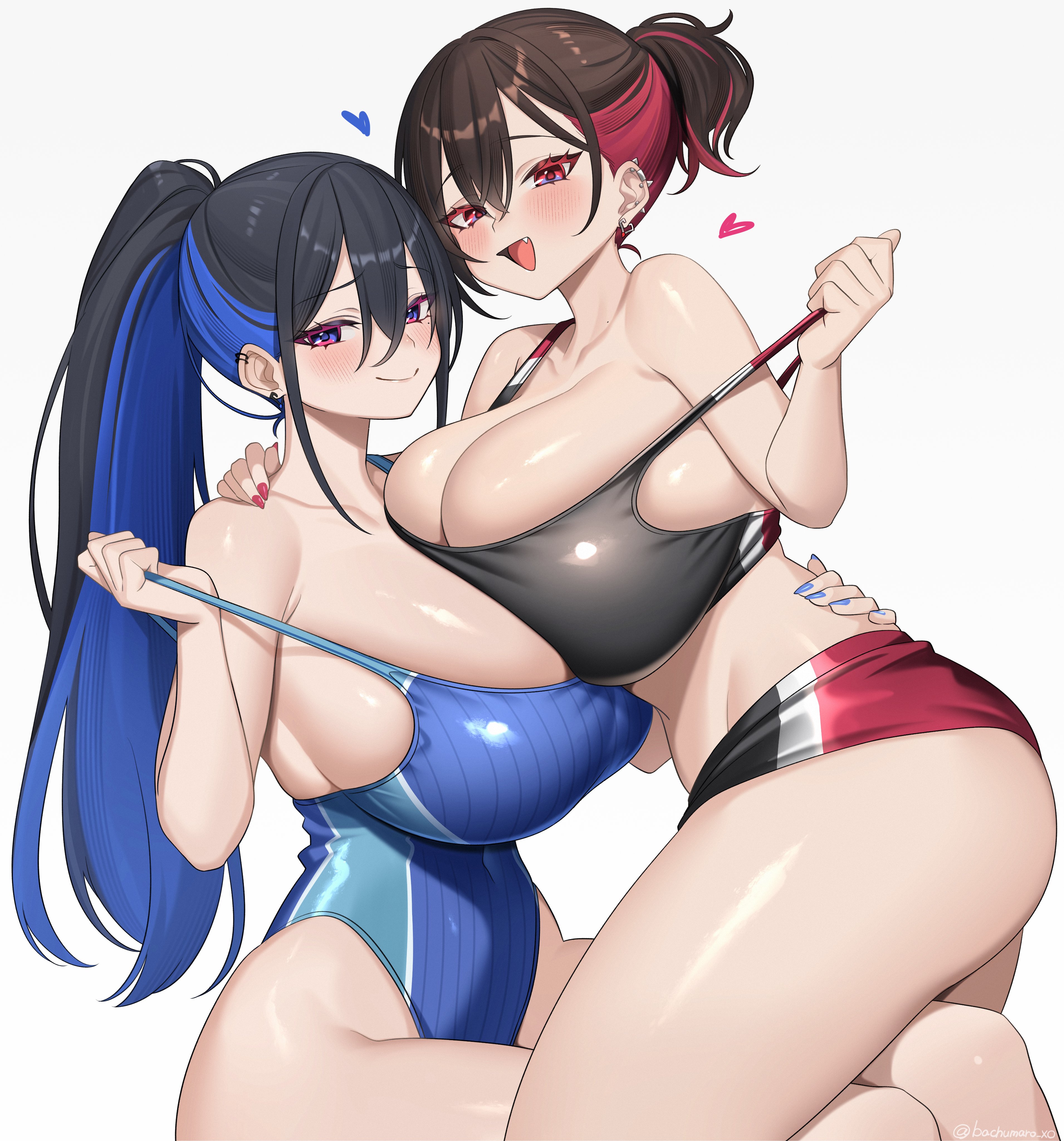 2girls, absurdres, bachumaro xo, bare shoulders, black hair, black sports bra, blue eyes, blue hair, blue one-piece swimsuit, breasts, breasts squeezed together, commentary request, highres, huge breasts, long hair, looking at viewer, multicolored hair, multiple girls, one-piece swimsuit, original, ponytail, red eyes, red hair, red shorts, shiny skin, short shorts, shorts, sports bra, swimsuit