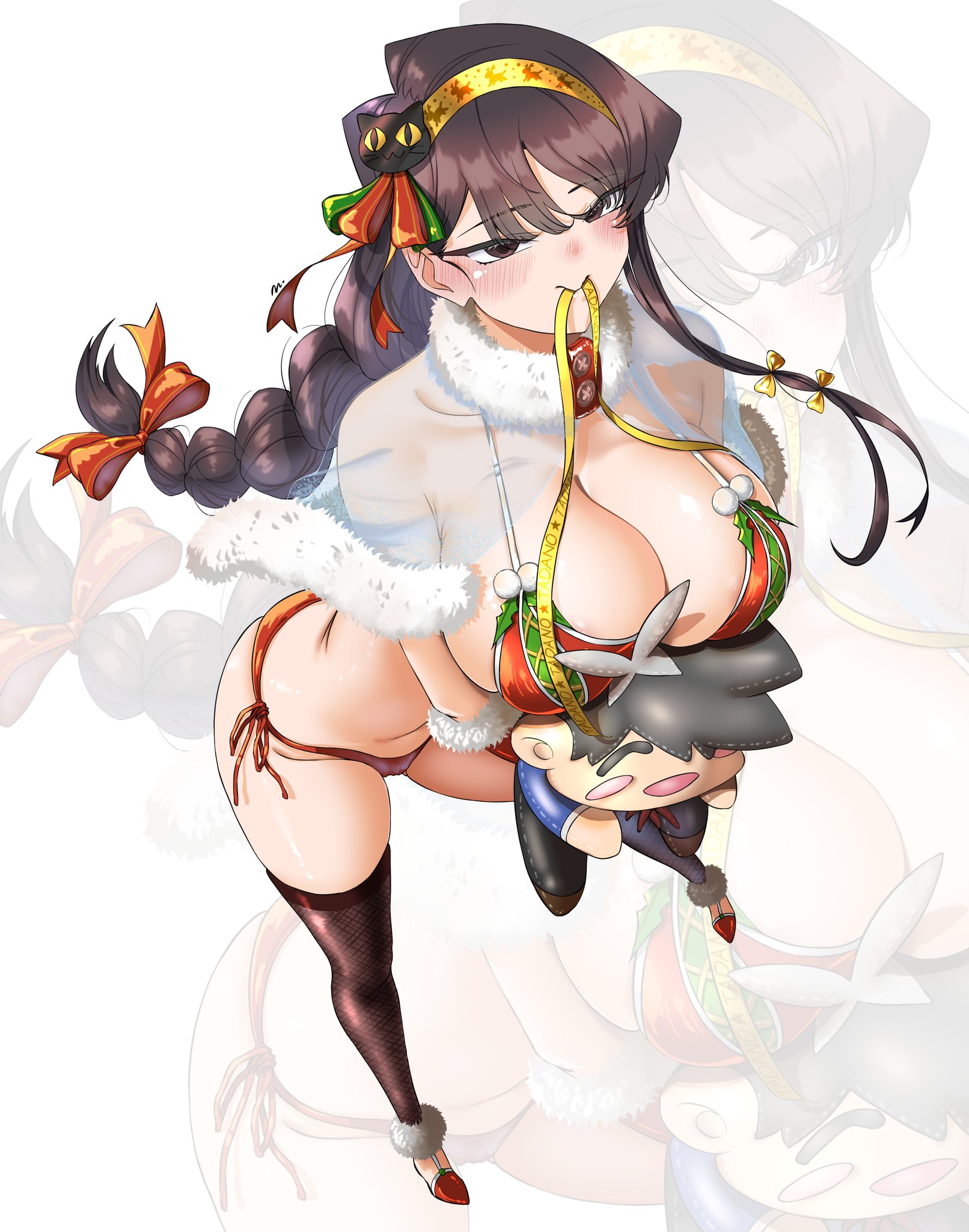 1girls, 9431116, big breasts, bikini, black hair, black legwear, blush, braid, breasts, christmas, cleavage, female, female only, fur trim, gloves, komi shouko, komi-san wa komyushou desu, large breasts, long hair, looking at viewer, navel, ribbon, solo, swimsuit, thighhighs, twin braids