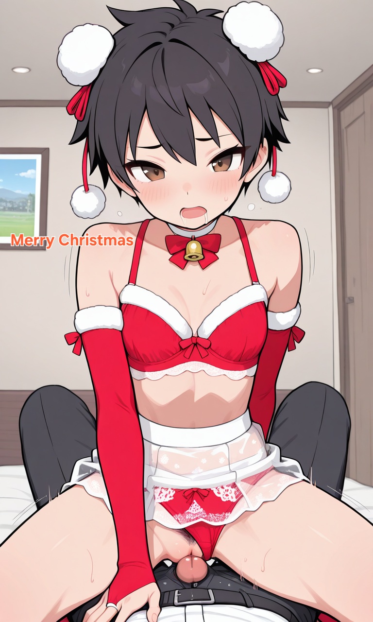 1boy, 1girls, adult female, adult male, ai generated, anime me, asian female, asian male, black hair, blush, breasts, brown eyes, christmas, clothed male, father and daughter, female, flat belly, grinding on penis, innie pussy, japanese female, japanese male, lilartificer, lingerie, male, motion lines, original, panties aside, pubic hair, pussy, pussy job, self insert, short hair, slim waist, small breasts, smile, solo, solo female, tomboy, uncensored