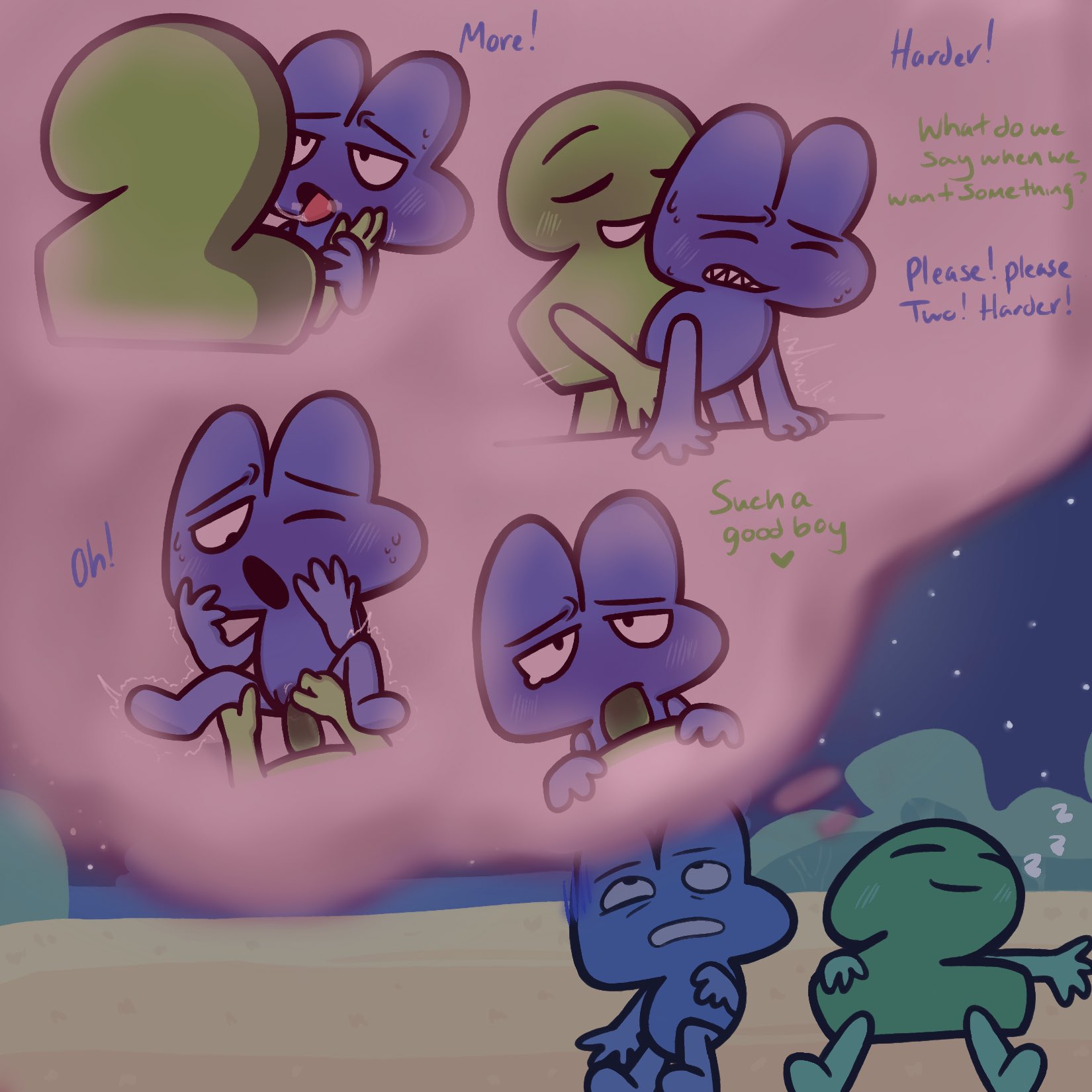 algebralien, ambiguous gender, backshots, battle for dream island, begging for more, bfb, bfdi, blowjob, blue body, blush, blush lines, blushing, clitoral stimulation, clitoris, cock sucking, cuntboy, dialogue, dream sex, dreaming, drool string, english, english text, four (bfb), green body, imagination, making out, non-human, number, object show, object shows, osc, penetration, penis in pussy, praise, praising, pussy, rough sex, sucking penis, sweat, tentacle penis, text, the power of two, thought bubble, tongue kiss, tpot, tremble spikes, two (tpot), uncomfortable, vadahlivokroz, vaginal, vaginal penetration, xfohv