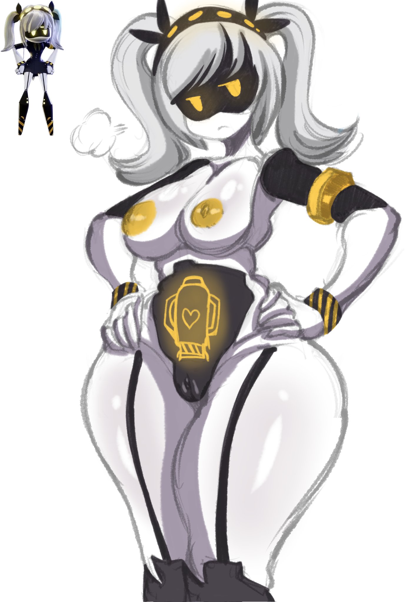 1girls, breasts, color, colored, edit, edited, female, female focus, female only, glitch productions, gold areola, gold eyes, hands on hips, j (murder drones), large breasts, murder drones, no bra, no sex, pussy, robot, robot girl, saltyxodium, serial designation j, solo, solo female, solo focus, thick thighs, thighs, twintails, white background, white hair, wide hips