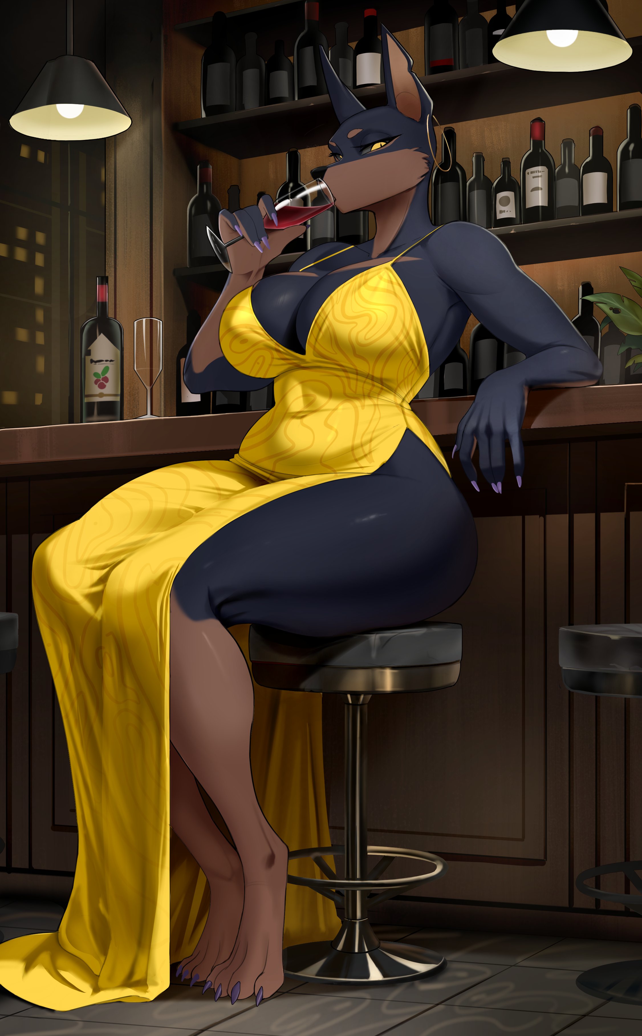absurd res, alcohol, animal ears, anthro, bar, beverage, big breasts, biped, black body, breasts, canid, canine, canis, clothed, clothing, dobermann, domestic dog, dress, drinking, ear piercing, ear ring, female, glistening, glistening body, hi res, mammal, piercing, ring piercing, sitting, solo, thick thighs, three-quarter view, uisuki45, wine, yellow clothing