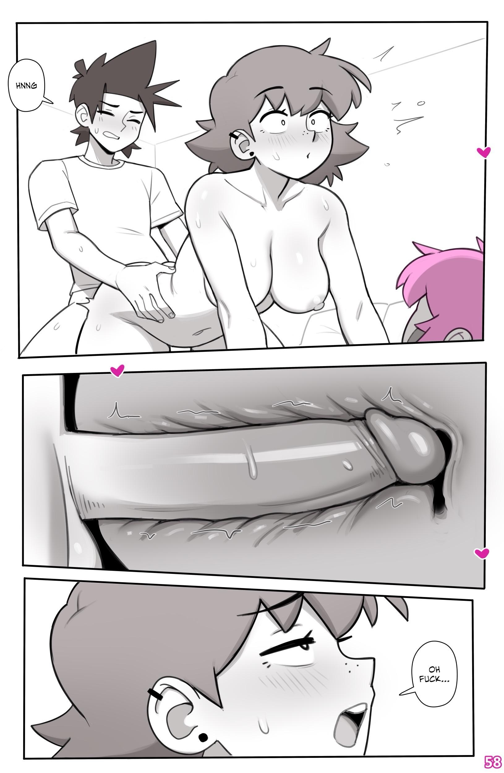 1girls, 2025, 2boys, anal, anal penetration, anal sex, balls deep, big breasts, big penis, bisexual, bisexual sandwich, blush, bottomless, breasts, brown hair, cock, comic, comic page, completely nude, deep penetration, dialogue, dick, doggy style, dross, english, english text, eyes rolling back, femboy, filling, friends, from behind, fucked from behind, grabbing from behind, grabbing hips, greyscale, hip grab, hip lines, jacob (dross), limited palette, male moaning, male penetrating female, male/female, messy hair, midriff, mmf threesome, moaning, mostly monochrome, nervous, nude female, open mouth, page 58, pale skin, penis, piercing, pink hair, pleasure face, raw sex, roxanne (dross), sex, shocked, short hair, shoulders, surprise buttsex, sweat, tagme, taken from behind, taylor (dross), thighs, threesome, tomboy, tummy, versatile, x-ray