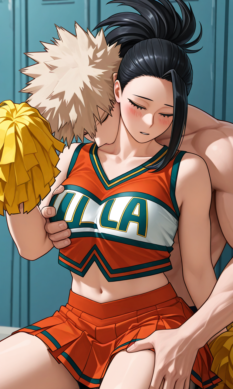 1boy, 1boy1girl, 1girls, ai generated, bakugou katsuki, black hair, black-haired female, blonde hair, blonde-haired male, boku no hero academia, breast grab, cheerleader, cowgirl position, imminent sex, katsuki bakugou, locker room, male/female, momo yaoyorozu, my hero academia, pom poms, sitting, sitting on lap, sitting on person, u.a. cheerleader outfit, yaoyorozu momo