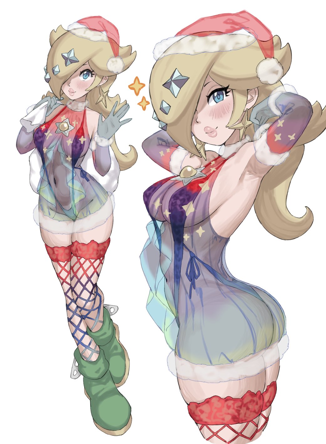 1girls, armpits, arms behind head, arms up, armwear, ass, bag, big breasts, blonde hair, blue eyes, blush, boots, breasts, christmas, christmas clothing, christmas outfit, cleavage, close-up, clothing, ear piercing, earrings, female, female only, fishnet, fishnet legwear, fishnets, footwear, full body, hair, hair ornament, hair over one eye, hat, headwear, hips, holding object, legs, legwear, lips, long hair, mario (series), medium breasts, nintendo, panties, parted lips, princess rosalina, santa hat, see-through, see-through clothing, side view, sling bikini, smile, solo, solo female, sparkles, star earrings, thick lips, thighs, transparent clothing, white background, yamino ekakinin