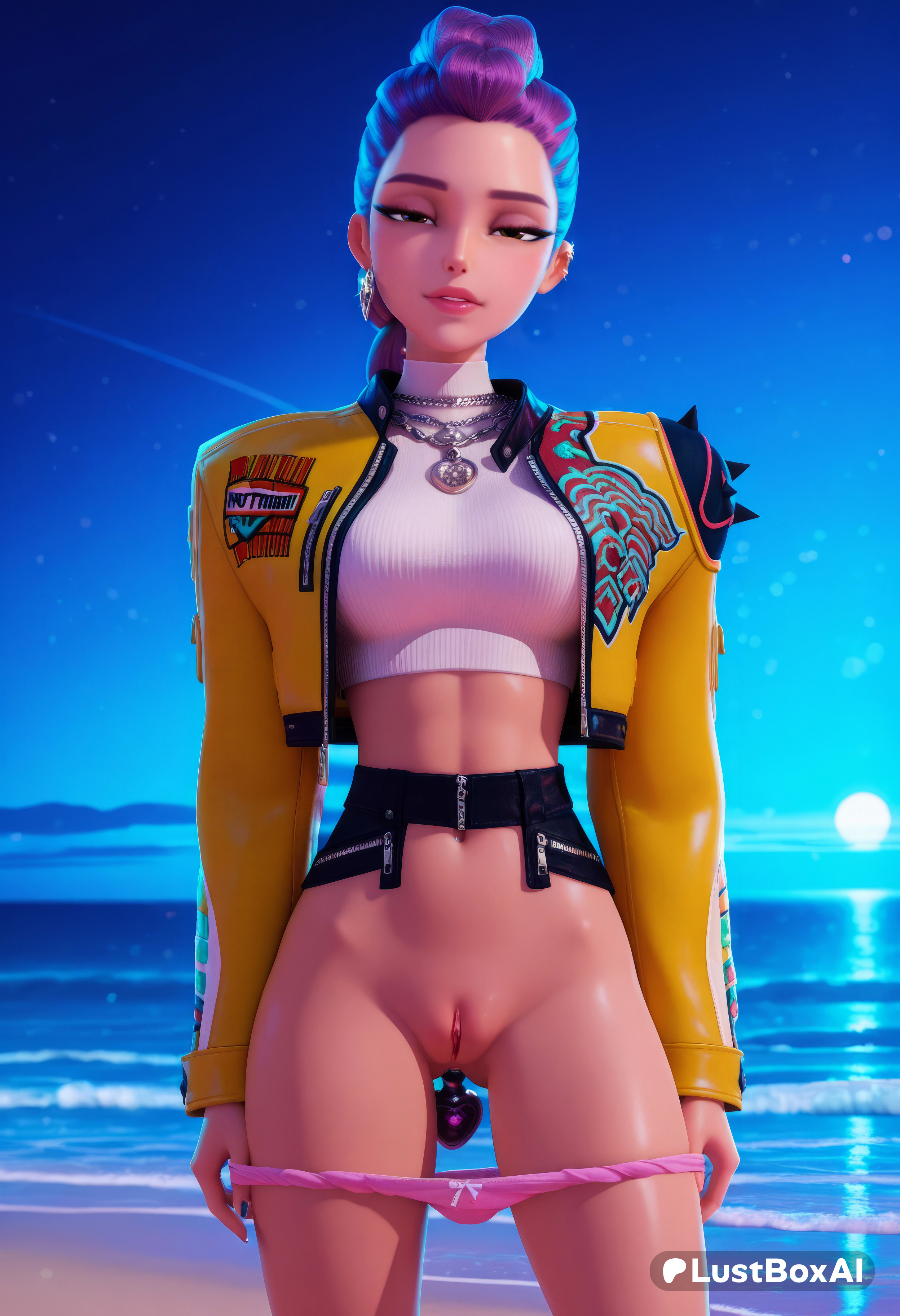 1girls, ai generated, anal, anal object insertion, beach, breasts, brown eyes, clear sky, crop top, cropped jacket, earrings, eyeshadow, female, hi res, jacket, jewelry, kpop demon hunters, looking at viewer, lustboxai, makeup, multicolored hair, navel, navel piercing, necklace, netflix, nose piercing, object insertion, ocean, official alternate costume, outdoors, panties, panty pull, parted lips, piercing, pink panties, purple hair, pussy, rumi (kpop demon hunters), sex toy, sky, solo, sony pictures animation, uncensored, underwear, water